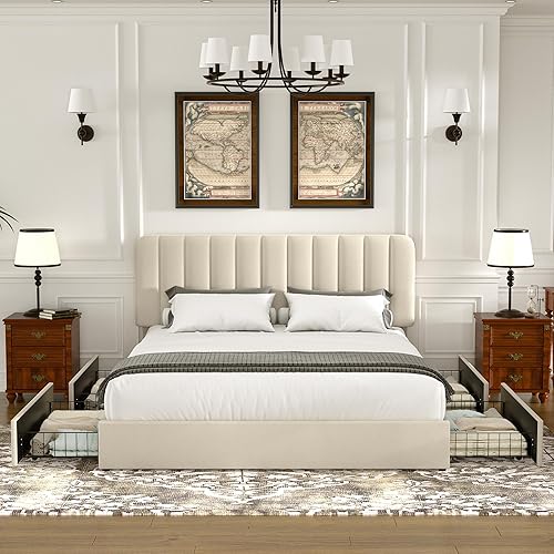 Miniatura 2 de VECELO - Base de cama tapizada de tamaño Queen con cabecera y 4 cajones, cama de plataforma de almacenamiento de terciopelo, soporte de listones