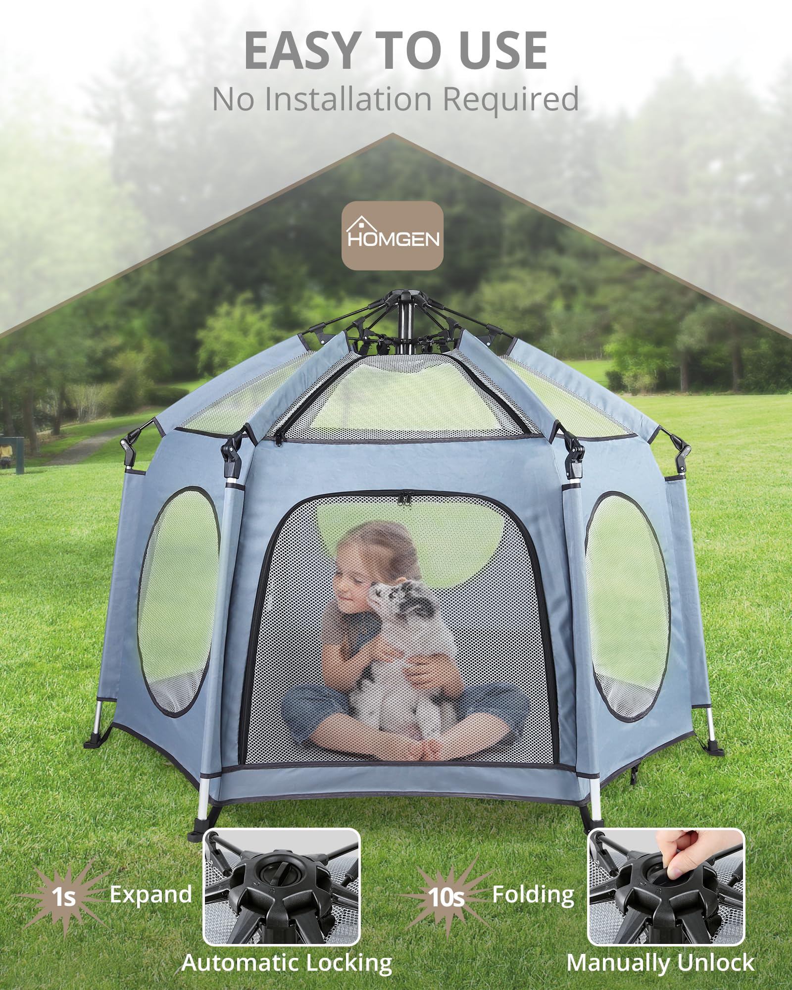 HOMGEN Parc de jeu pliable 144 x 103 cm avec 3 housses UV amovibles en tissu Oxford 450D pour bébé - Portable 2 en 1 - Pop Up - Robuste - En maille - Pour plage, parc, maison