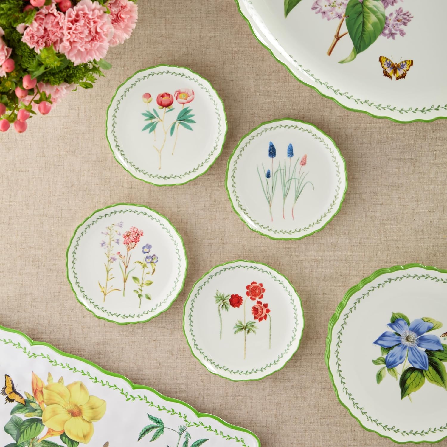 Mirabella Porcelain 6-Inch CANAPE/LUNCHEON COUPE PLATES, SET OF 4, elegant appetizer and dessert plates with floral artwork and butterflies