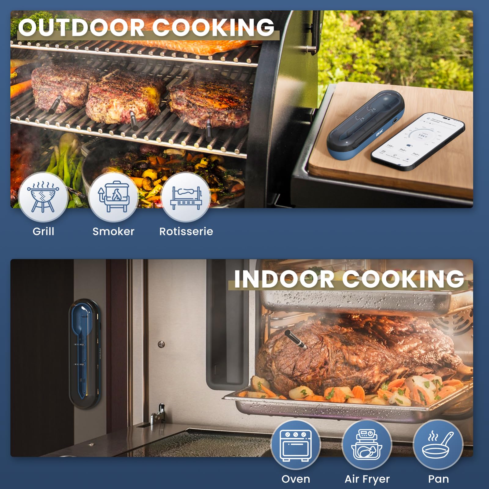 Termómetro inalámbrico para carne para asar y ahumar, 500 pies, sensor de carne, termómetro inteligente para barbacoa, horno, barbacoa, ahumador, sous vide, color azul