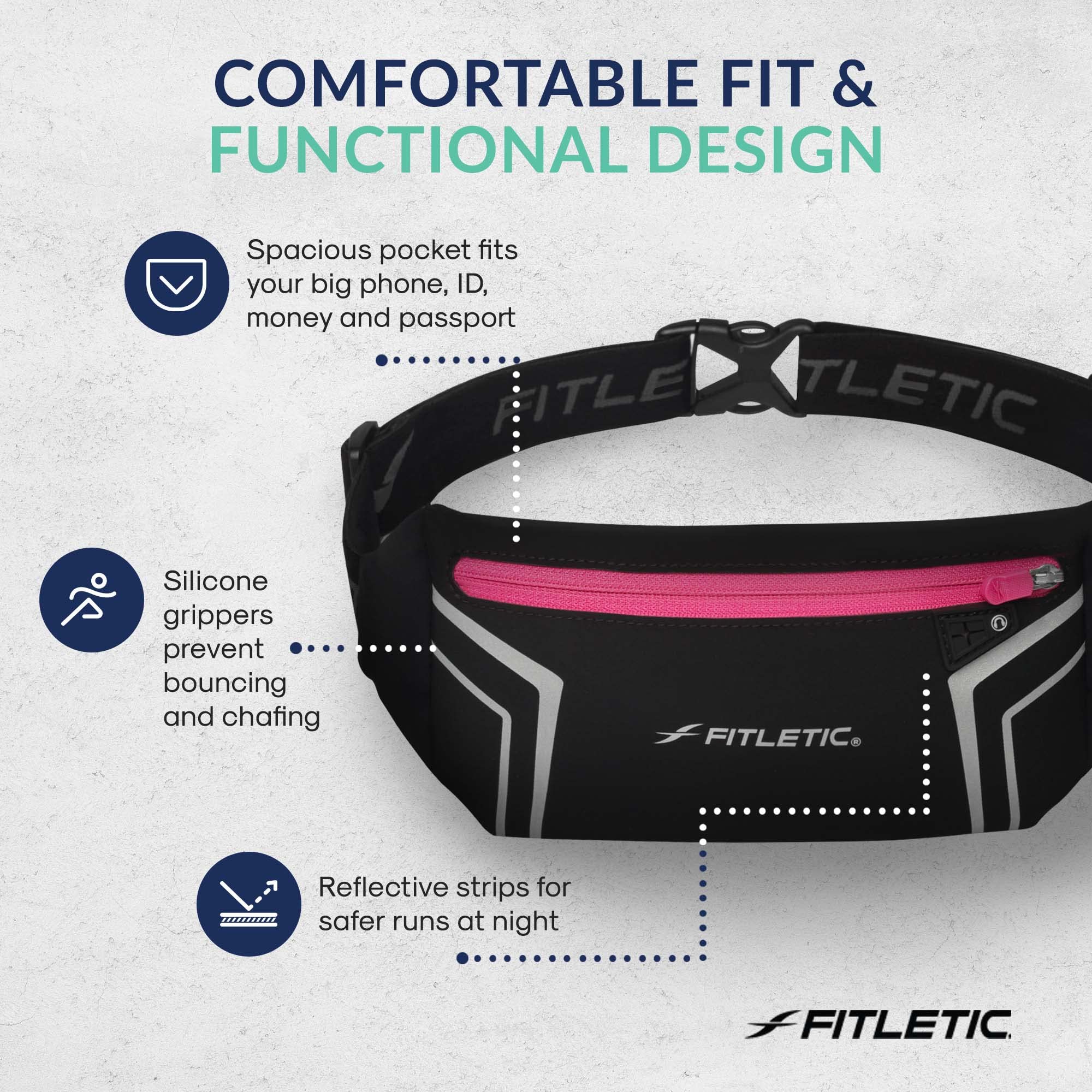 Fitletic Ceinture de sport moderne pour homme et femme – Pochette résistante à l'eau – Convient à tous les smartphones – Design léger et discret – Revêtement en lycra avec poche intérieure pour cartes