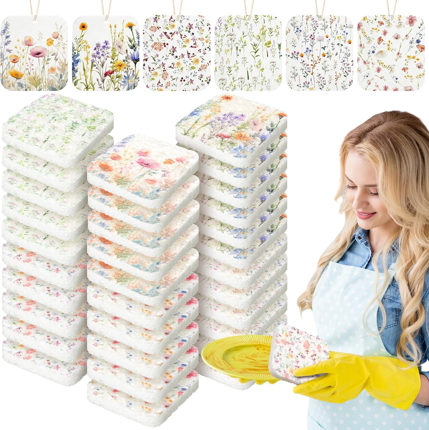 Hahafelt 72 Counts Compressed Cellulose Sponges Bulk Craft Pop up Wildflower Pattern Natural Kitchen Compostable Non Scratch Dish Sponges for Washing Dishes, Cleaning Countertop Sink