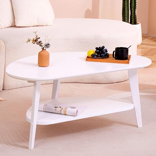 Mid-Century Modern Coffee Table for Living Room, 100% Solid Wood Oval Coffee Table, 2 Tier Wooden Coffee Tables for Home Office Livingroom, 40.2 x 22 Inches Easy Assemble (White)