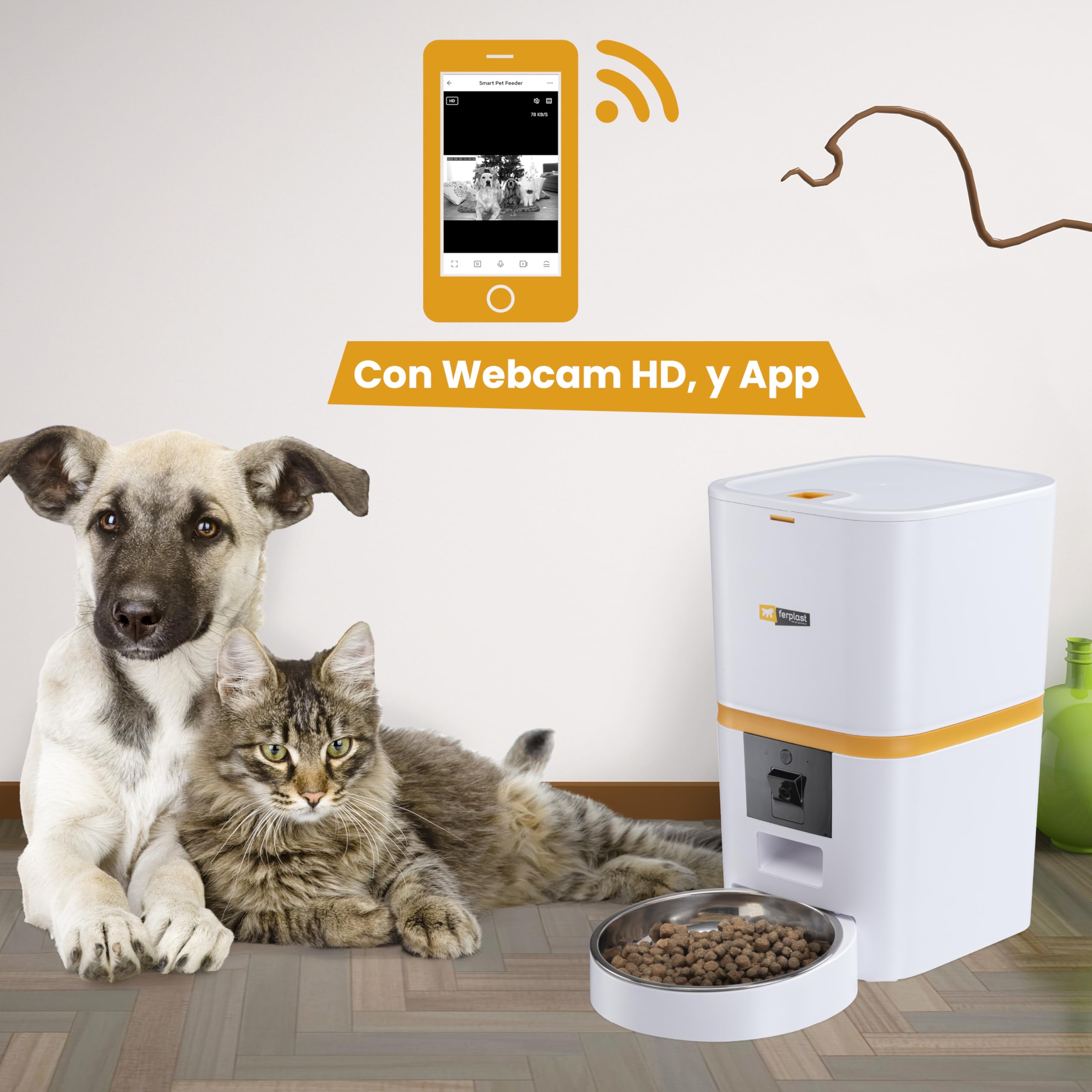 Ferplast Comedero Gato Automatico Risto Pet Smart Dispensador Comida Gatos, Comedero Perro Automatico, WiFi, 6 L, Control vía App, Cámara de Visión Nocturna, Micrófono, Cuenco de Acero Inoxidable