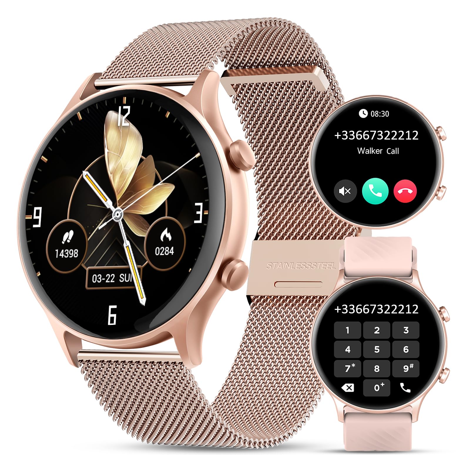 WalkerFit Smartwatch Damen mit Telefonfunktion: 1.39 Runde Fitnessuhr, Armbanduhr Schrittzähler mit Pulsmesser/Schlafmonitor/Menstruationszyklus Wasserdicht Aktivitätstracker für Android iOS WalkerFit Smartwatch Damen mit Telefonfunktion: 1.39 Runde Fitnessuhr, Armbanduhr Schrittzähler mit Pulsmesser/Schlafmonitor/Menstruationszyklus Wasserdicht Aktivitätstracker für Android iOS