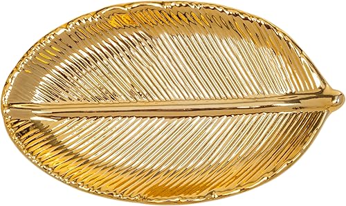 Miniatura 7 de DudWocy Bandeja de joyería con forma de hoja dorada, plato de cerámica para anillos de metal, soporte para platos de baratijas para bodas, fiestas,