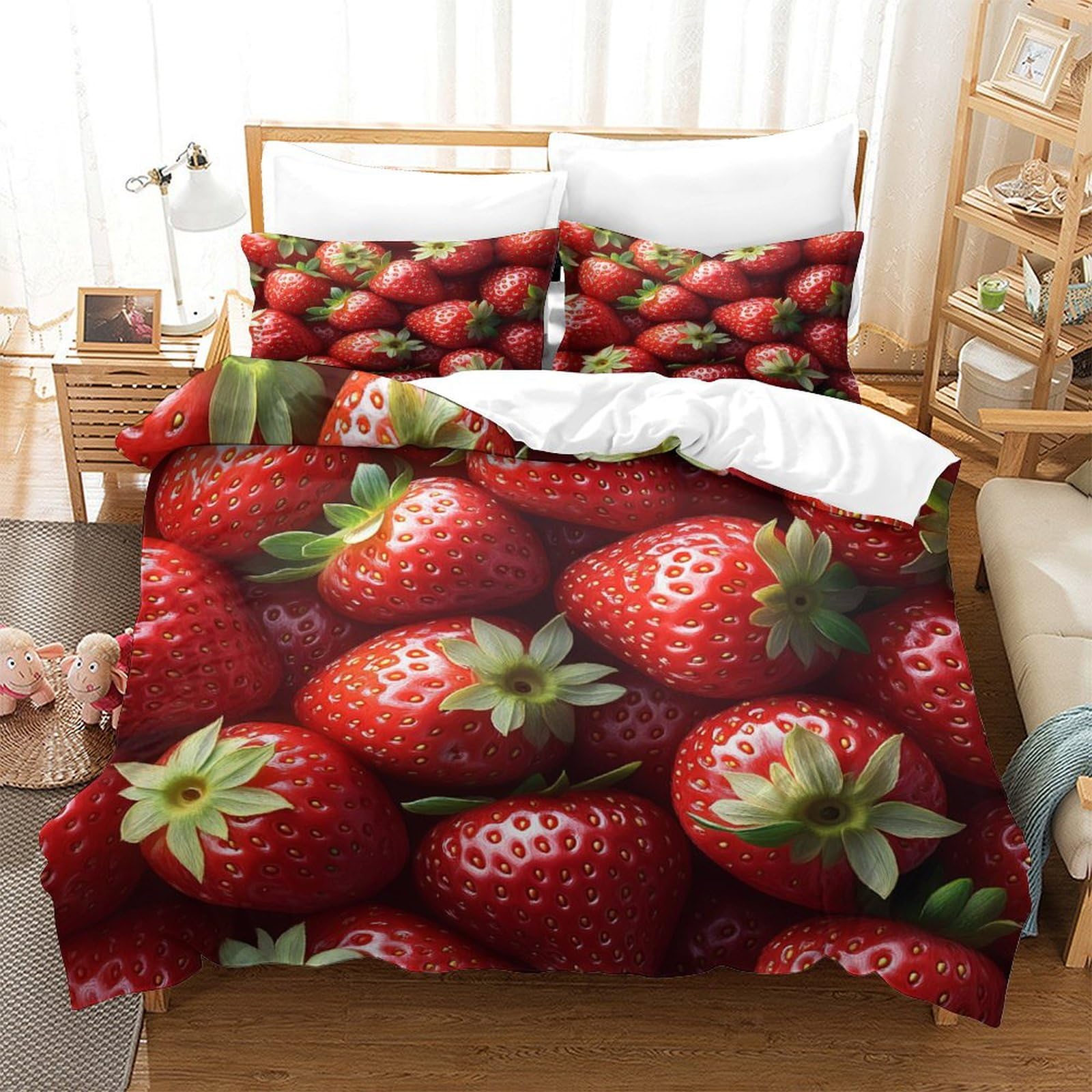 P1S9U7W5Y Realistic Strawberry 3D Printed Duvet Cover Set 3pcs Microfiber Strawberry Bedding Set King（220x240cm）