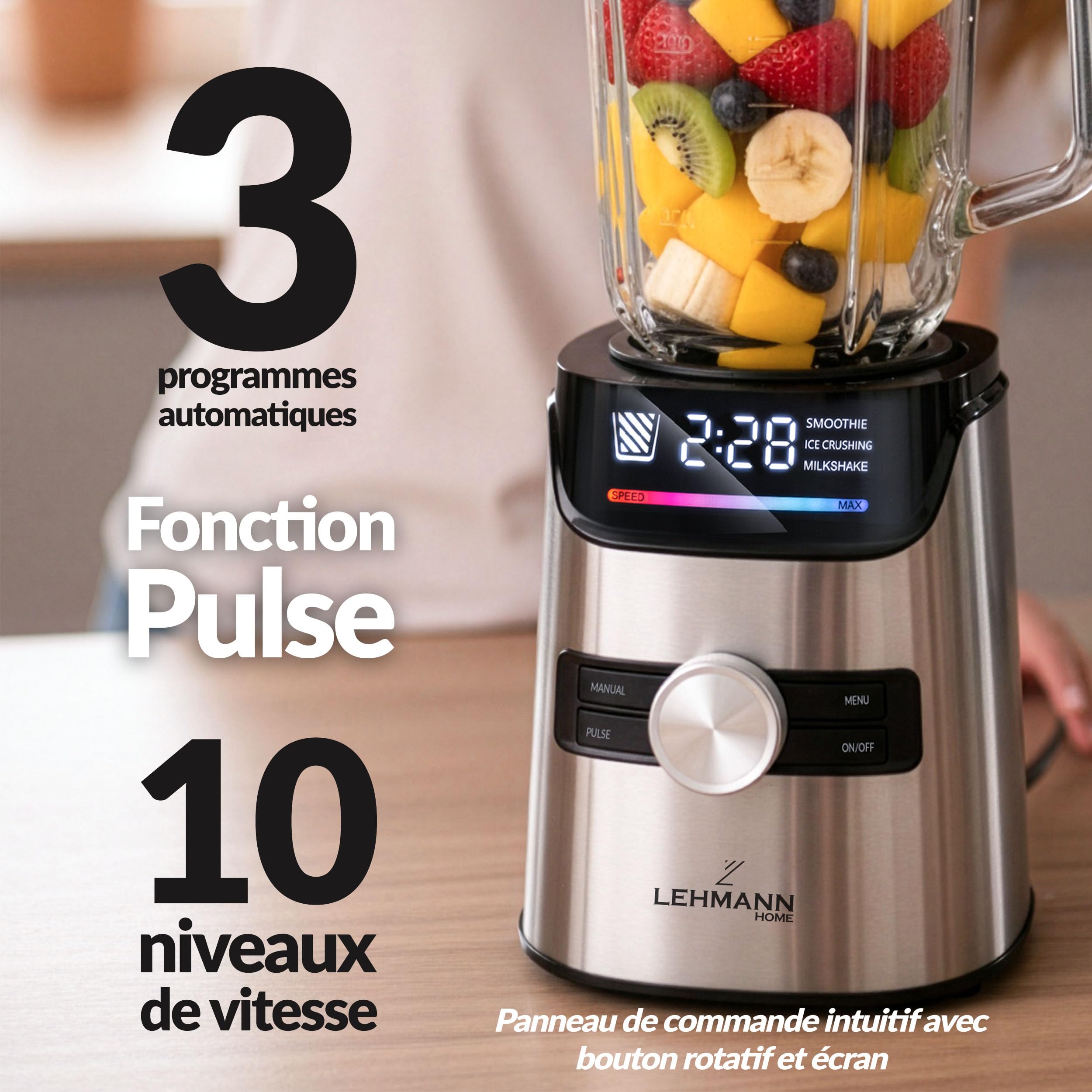 LEHMANN Blender avec Bol en Verre 1,7 L, 10 Vitesse Ajustable, Pulse et 3 Programmes - Smoothie, Milkshake, Glace Pilée, Nettoyage Facile, Bouteille Blend & Go et Moulin sans BPA, 1400 W, Argent