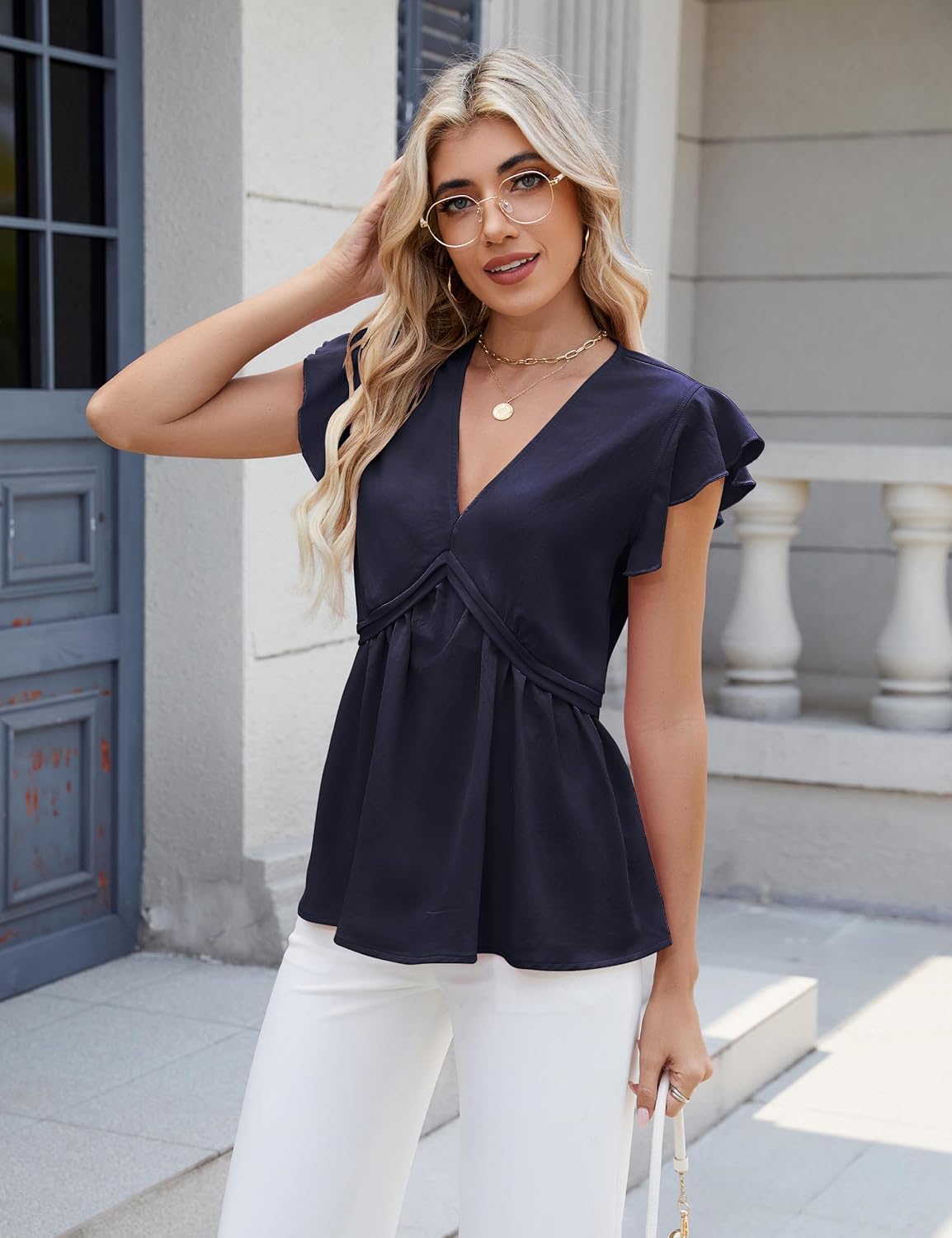 Blooming Jelly Womens Peplum Tops Dressy Casual V Neck Ruffle Short Sleeve Ruched Business Blouses Trendy Clothes - Image 3