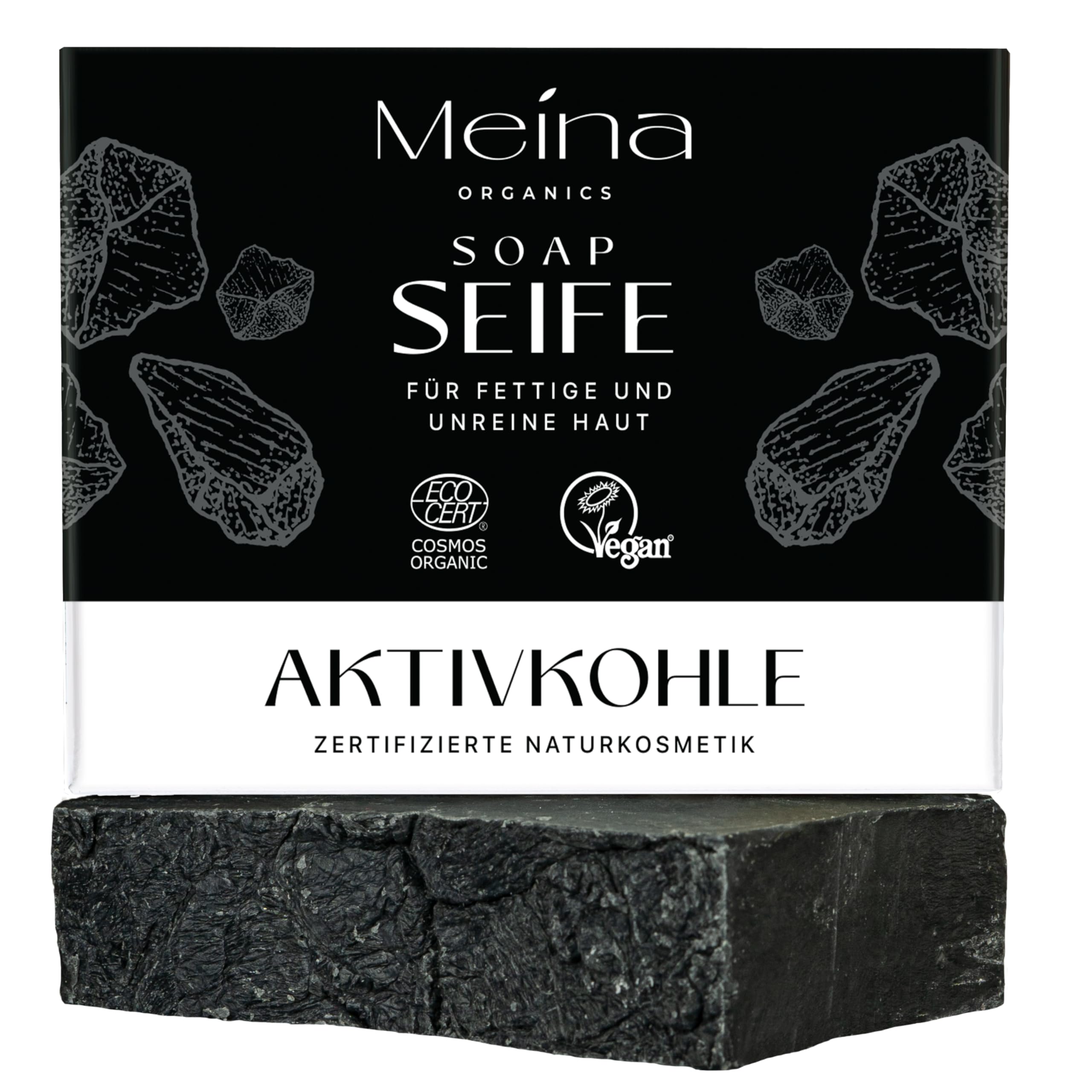 Meina Schwarze Seife mit Aktivkohle gegen Pickel und Akne, 100% Natürlich, Naturseife für fettige und unreine Haut ohne Palmöl, Bio Zertifiziert, Vegan, Nachhaltig, Handgemacht, 100g