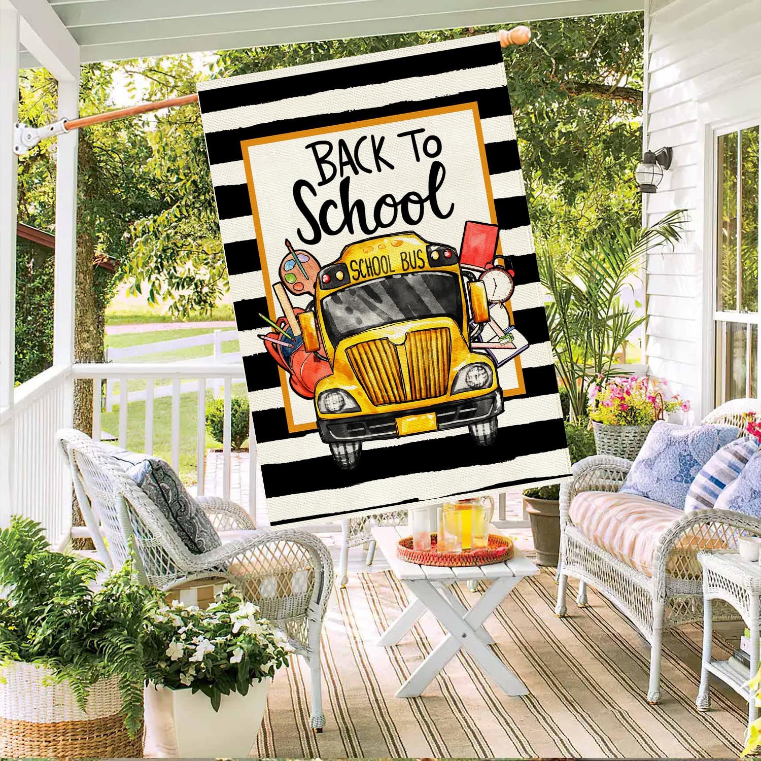 Baccessor School Bus Back to School House Flag Burlap Black Stripes School First Day House Flag for Fall Seasonal Farmhouse Outdoor Outside Party Decoration 28x40 Inch image 5