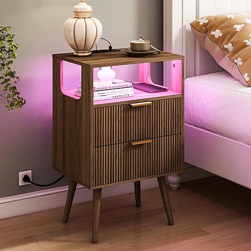 Miniatura 11 de Mesita de noche con estación de carga y luces LED, mesa de noche moderna con 2 cajones de almacenamiento y estante de madera abierto, para Roble