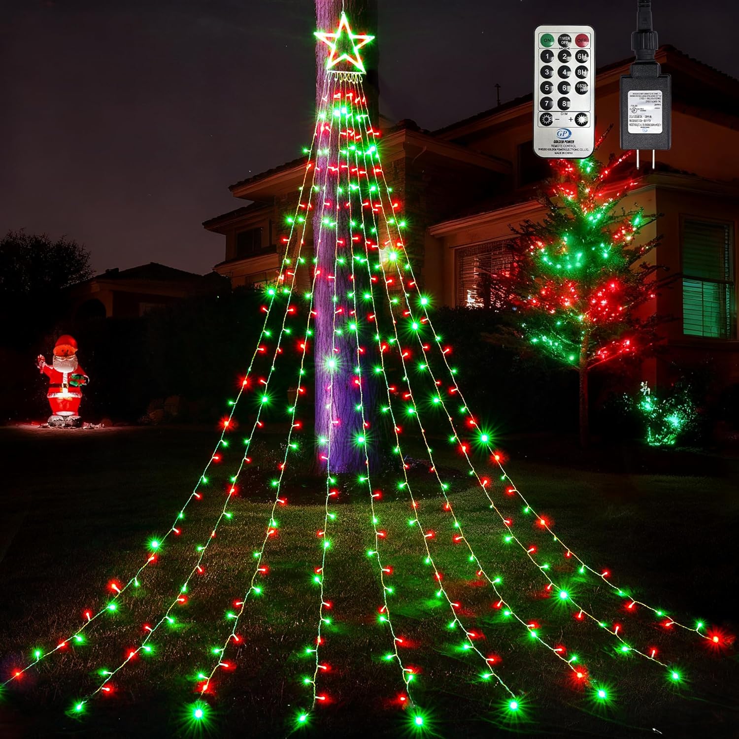 WBao 344 LED Christmas Lights Outdoor Decorations with 12" Star Topper, 11.9ft Waterfall Christmas Lights, Remote Control 8 Modes, Timer, UL Listed Waterproof for Tree Roof Porch Decor, Red Green