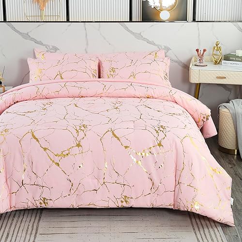 URBONUR Juego de edredón de mármol metálico de 6 piezas, tamaño Queen, color rosa rubor, juego de cama de mármol en una bolsa, juego de cama de