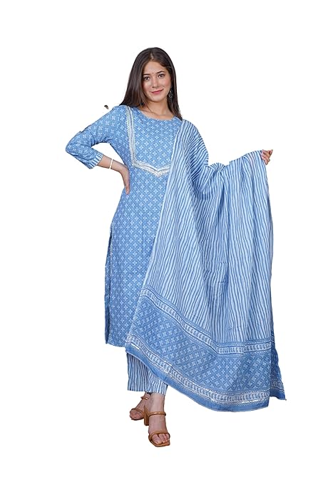 Women's Cotton Printed Straight Kurta with Palazzo & Dupatta Set with Handwork