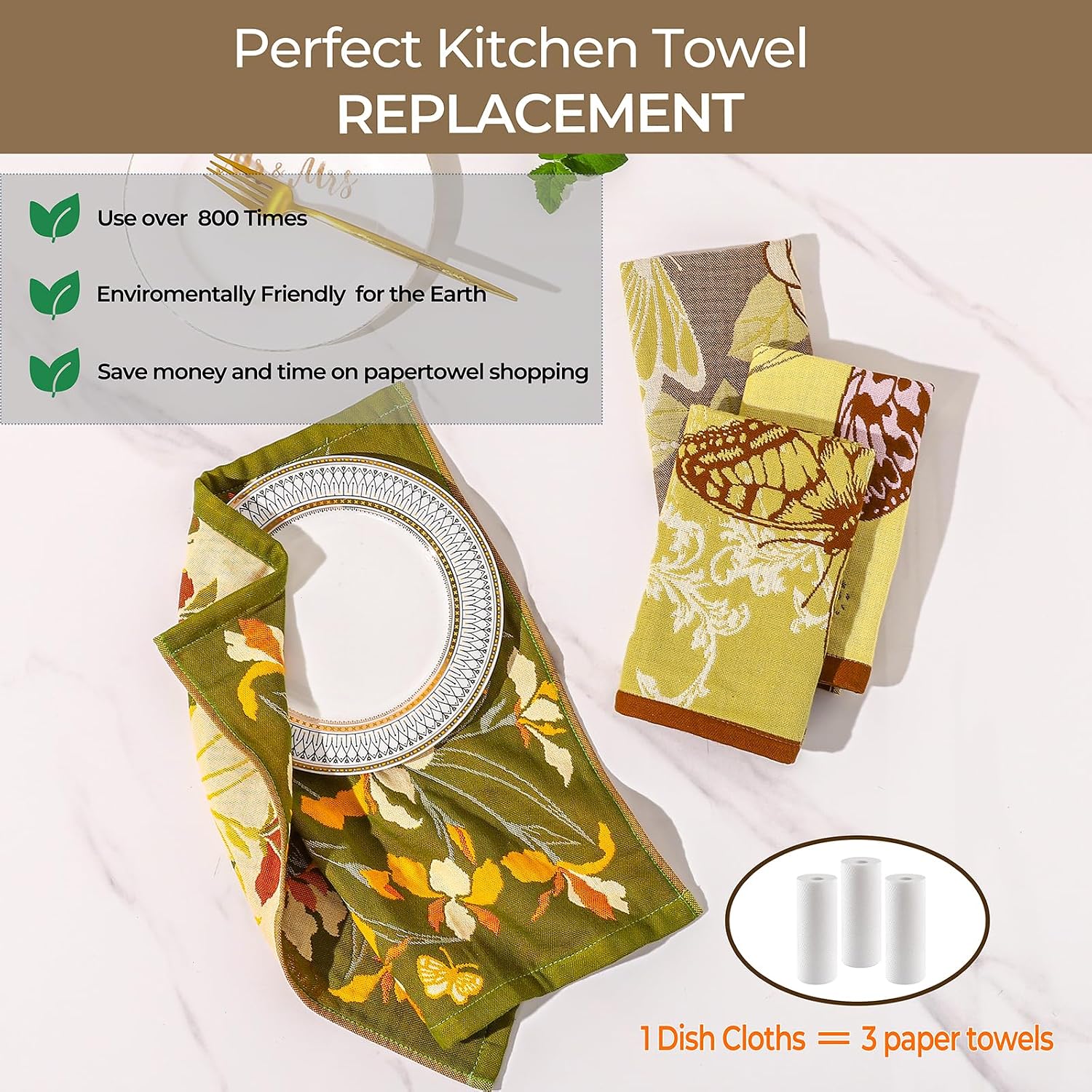 Set of 4 Cotton Floral Kitchen Towels for Drying Dishes Decor