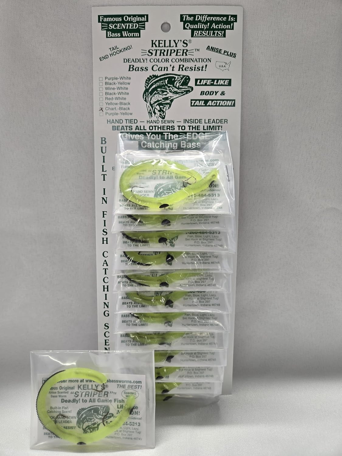 Kelly's Striper 12 Pack Anise Scented 3 Hook Pre-Rigged Worms, Plastic, 5.5 Inches, 8 Colors, Made in USA