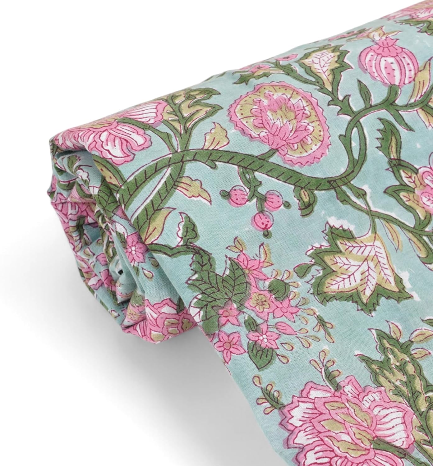 Treen Art Ethnic Indian Hand-Block Printed Floral Pattern Fabric Cut by The Yard 100% Cotton Material Quilting, Sewing, Crafts, Arts (5 Yard, Green Pink Floral)