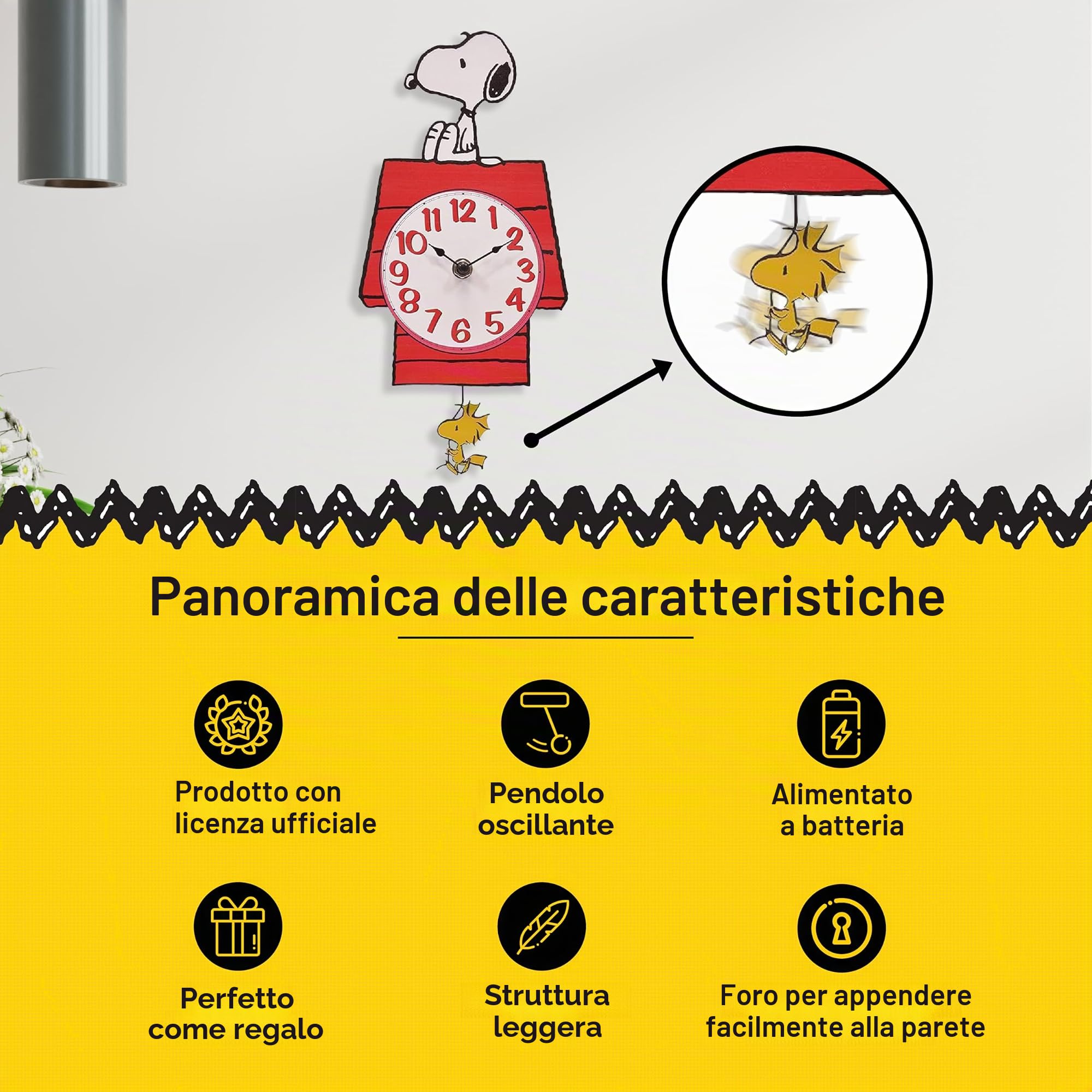 Mark Feldstein & Associates Peanuts Snoopy's Dog House con Woodstock Pendulum Pal Orologio da parete, 30,5 cm