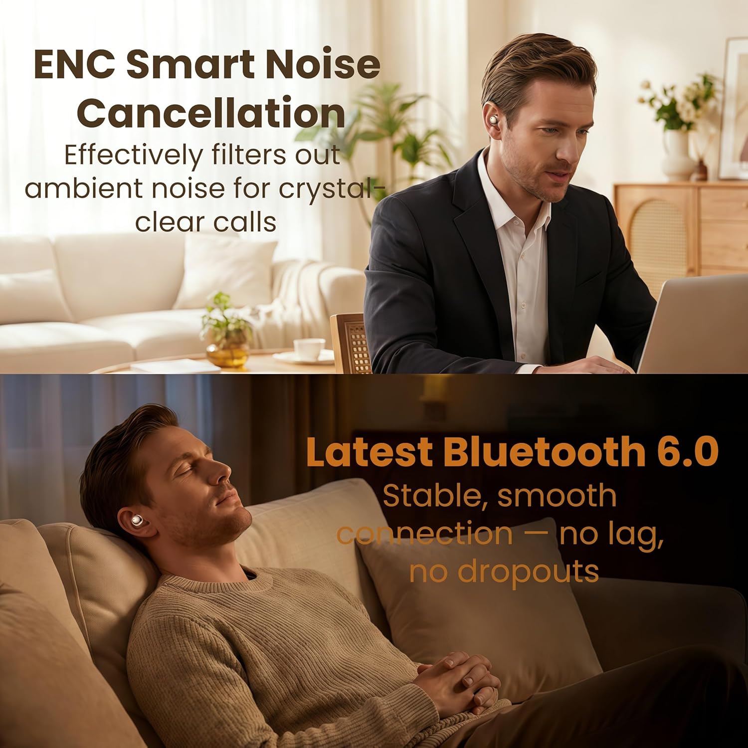 Aesthetic Upgraded Wireless Earbuds 2-in-1 with Day & Night Modes, Bluetooth 6.0 Ultra-Mini Headphones, Built in Mics & HIfi Stereo Earphones, IPX5 Waterproof All in Comfortable Ear buds (Gold)