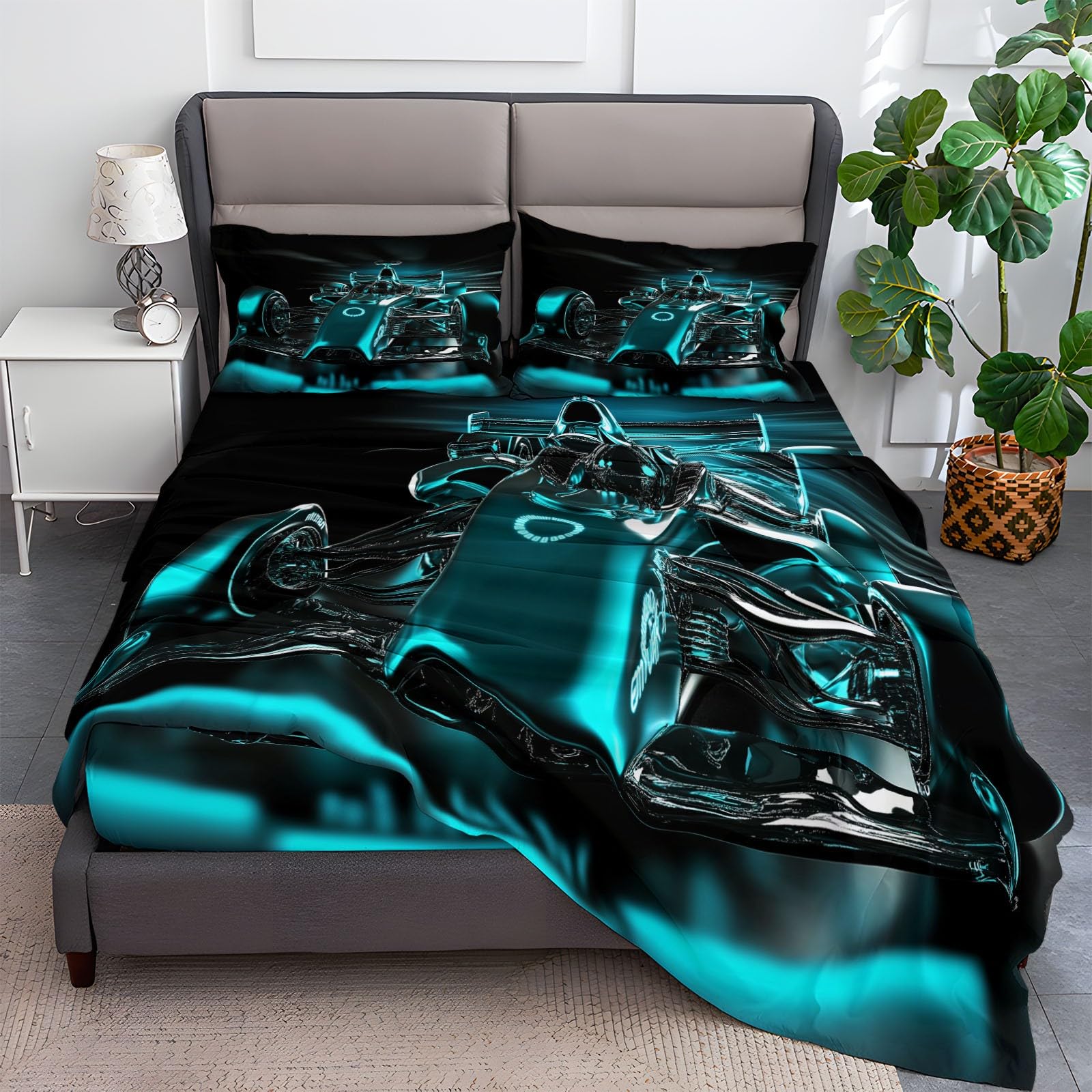 Fitted Sheet Twin Size Bedding Set for Kids Girls Women Men Room Decor, Soft Microfiber & Deep Pocket & Wrinkle Free Luxury Racing Car Bedding Sheets, Turquoise