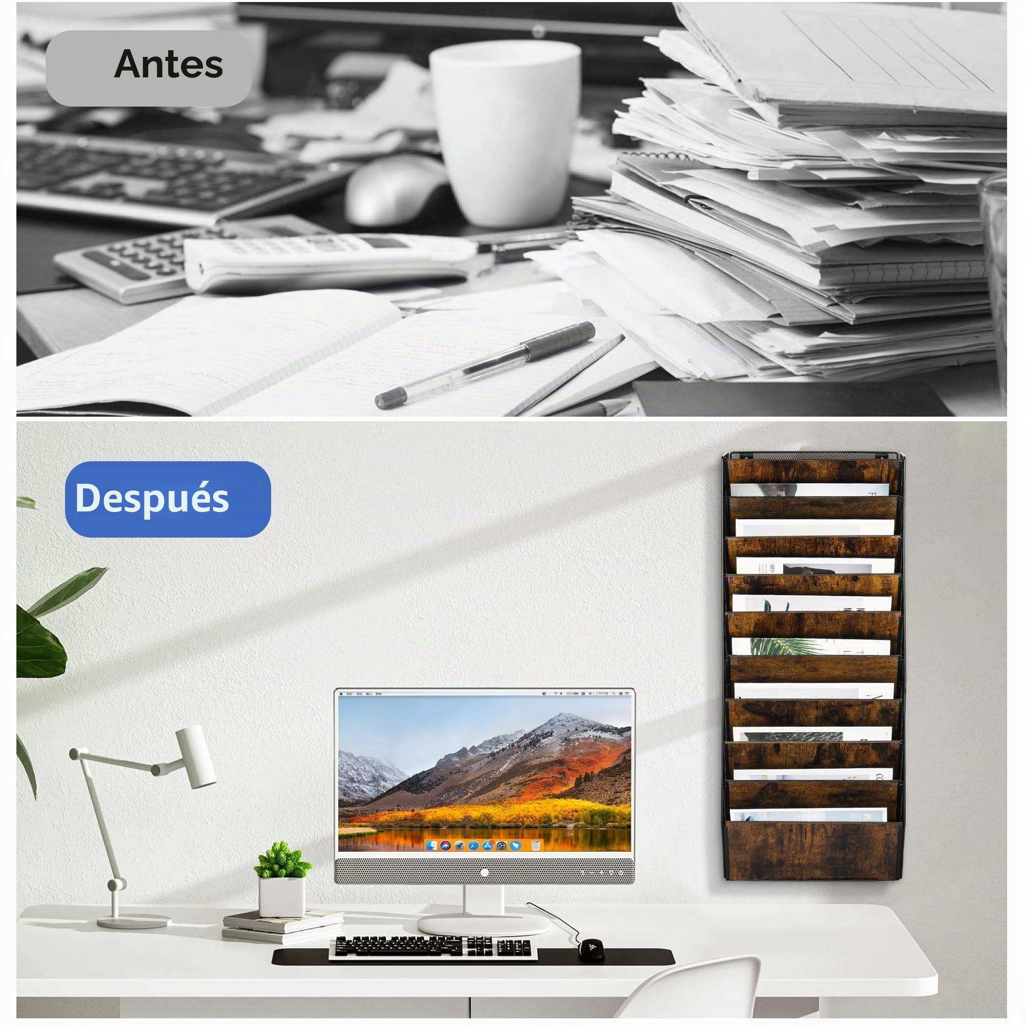 Revistero Pared 10 Niveles Metálico - Organizador Pared A4, Archivador Oficina Porta Documentos y Revistas, Carpeta Colgante para Archivos, Hogar Escuela (Negro/Antiguo)