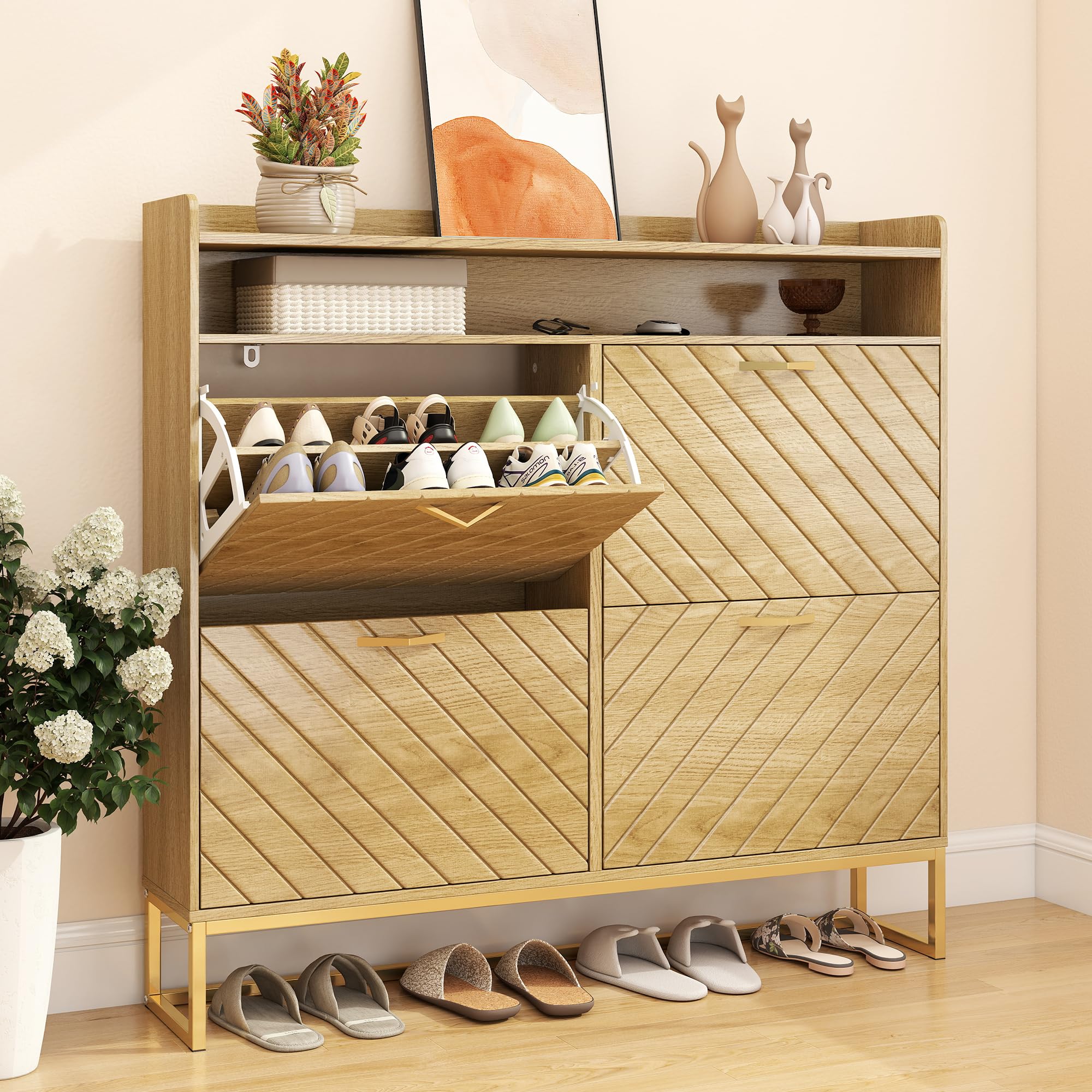 Hadulcet Hidden Shoe Cabinet with 4 Flip Drawers, Long Wood Shoe Storage Cabinet for Entryway Closet, Narrow Freestanding Shoe Rack Organizer w/