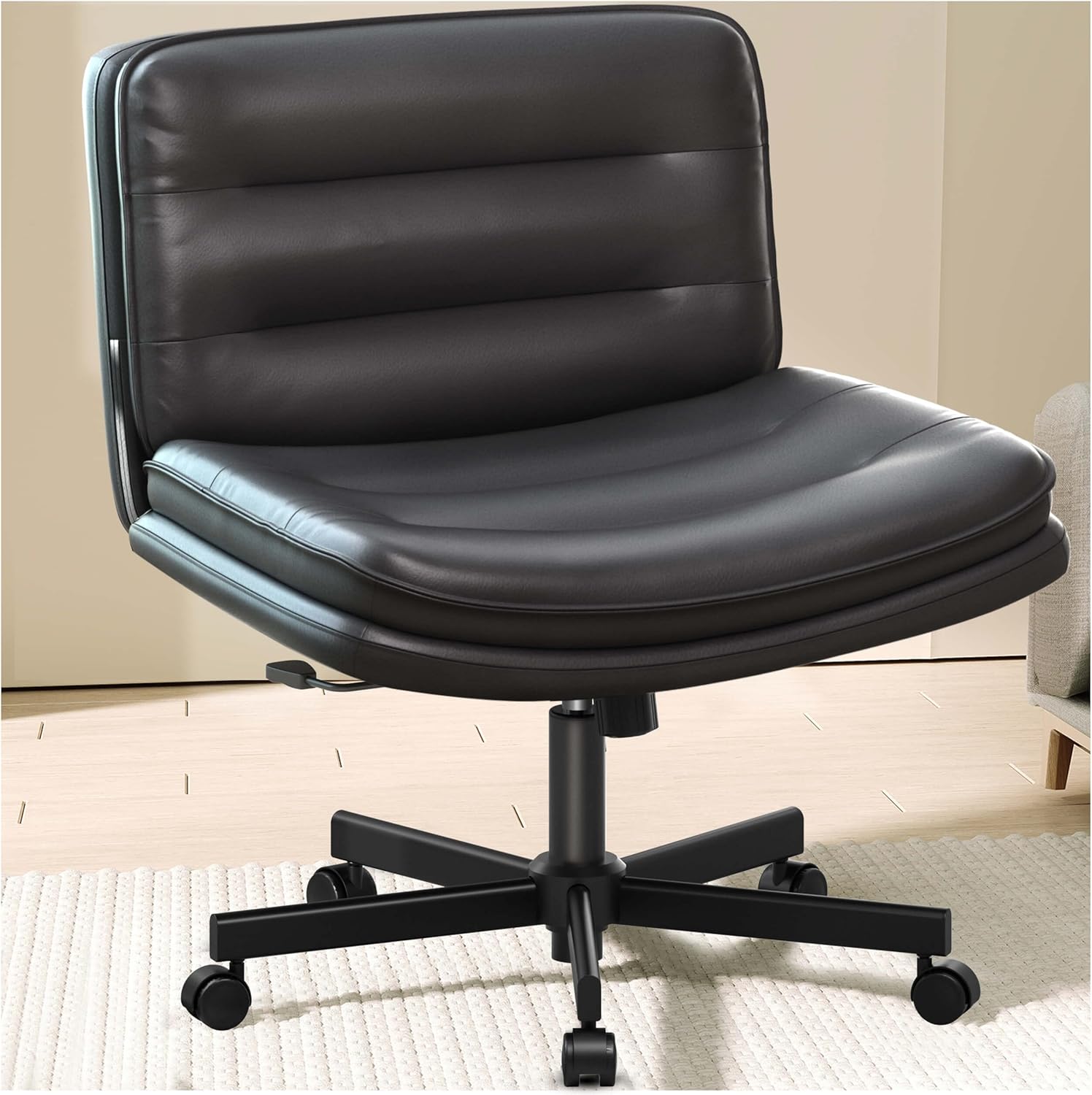 COMHOMA Cross Legged Office Chair with Wheels Armless Office Desk Chair, Modern Vanity Computer Task Chairs for Home Bedroom, Comfortable Wide Seat for Lower Back Pain Relief, PU Leahter, Black