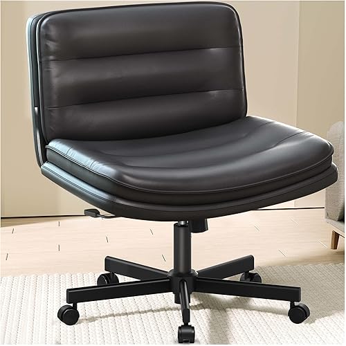 COMHOMA Cross Legged Office Chair with Wheels Armless Office Desk Chair, Modern Vanity Computer Task Chairs for Home Bedroom, Comfortable Wide Seat for Lower Back Pain Relief, PU Leahter, Black