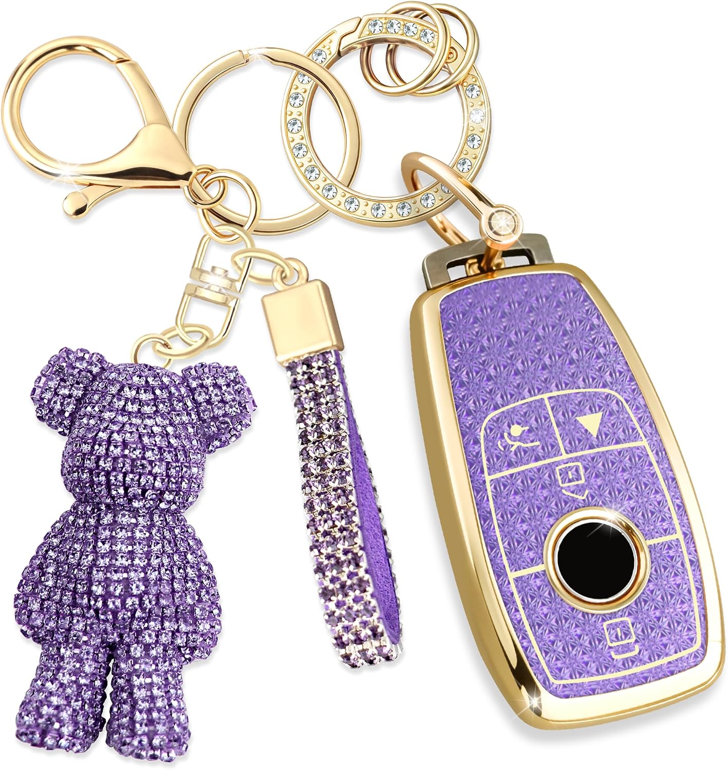 Cute Key Fob Cover with Rhinestone Bear Charm, Bling TPU Smart Key Case for Women, Compatible with Benz A C E S G GLA GLC GLE GLS CLA CLS GT (4-Button, Purple-Gold)