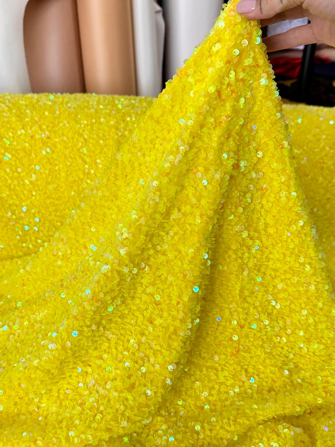 Sequin Velvet Fabric Soft Stretchy Cloth with Glittering Sequins Perfect for Dressmaking Costumes Upholstery and Christmas Decor of Spandex Fabric for Sewing and Crafts (Yellow, 5 Yard)