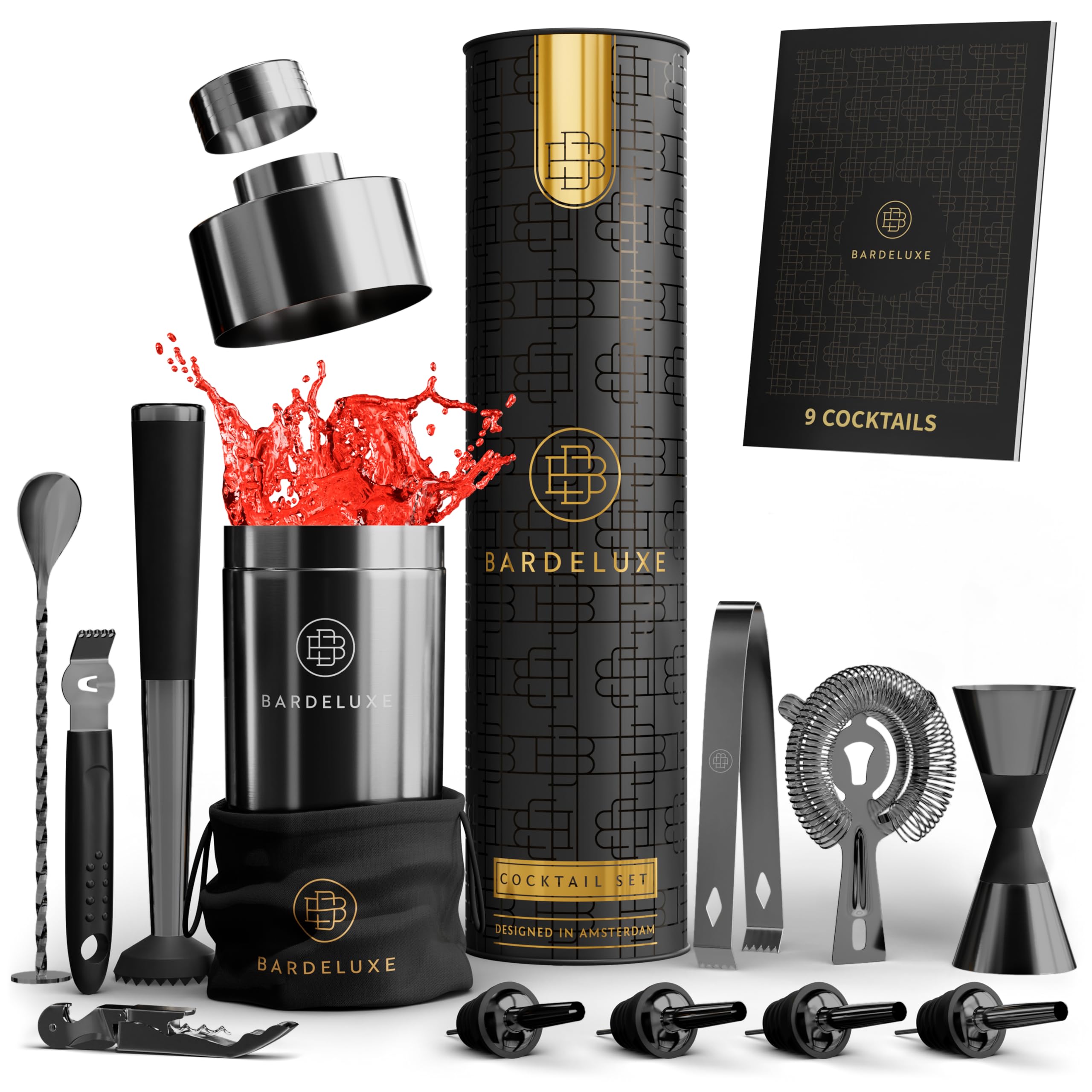 BarDeluxe® Cocktail Set 12-teilig, Barkeeper Set, Cocktail Mixer Set | 750ml Cocktailshaker Edelstahl, Cocktail Shaker Set, Bartender Set | Luxus Cocktail Geschenkset