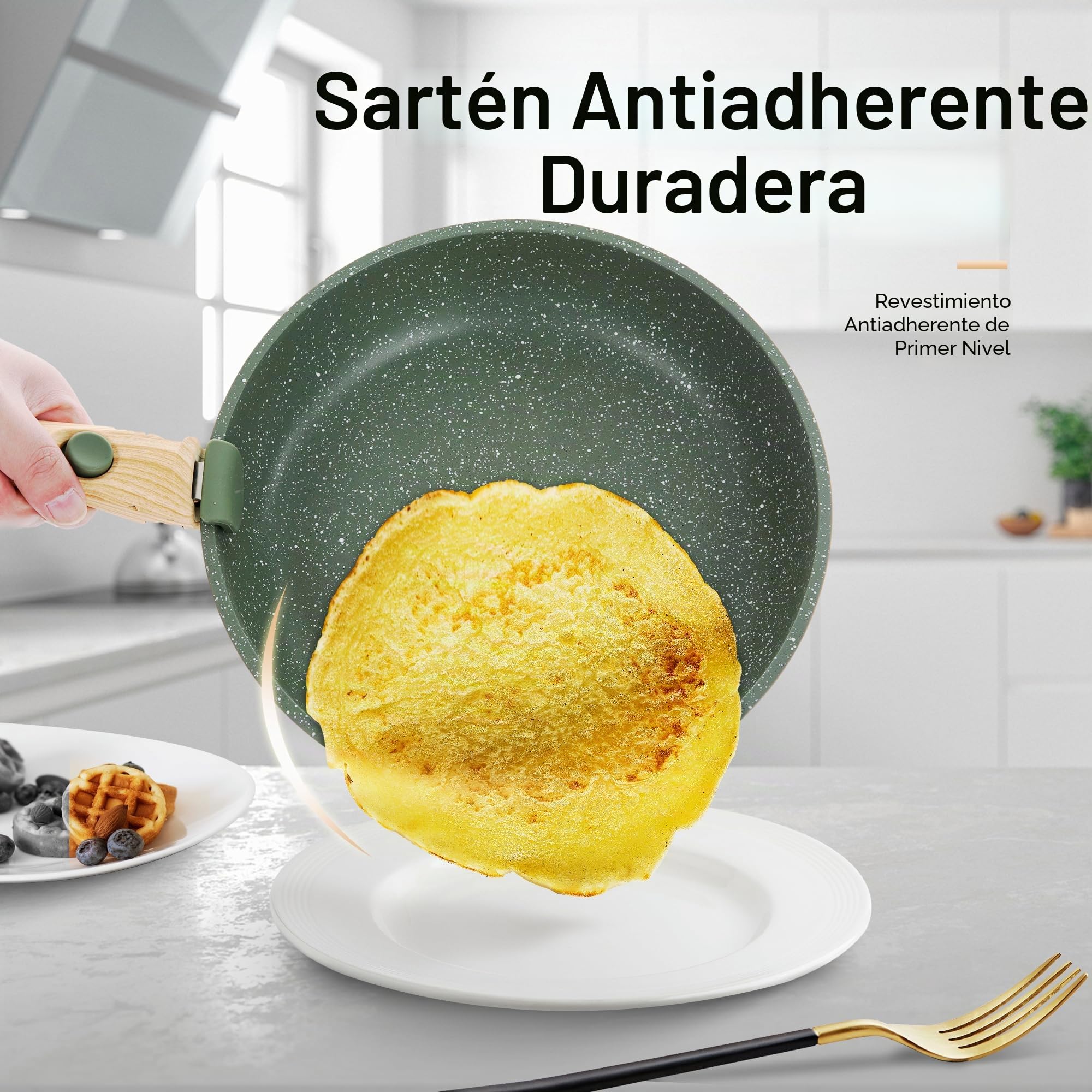 Juego de Sartenes Antiadherente 10 piezas con Mango Desmontable Verde | Juego de Cocina con Tapa de Cristal, Desmontable, Textura de Mármol, Apta para Inducción, Gas y Microondas