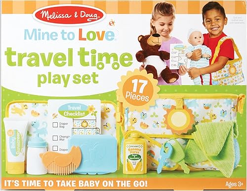 Miniatura 5 de Melissa & Doug Mine to Love Travel Time Play Set para muñecas con bolsa de pañales, botella, protector solar, más (17 piezas) - Accesorios para