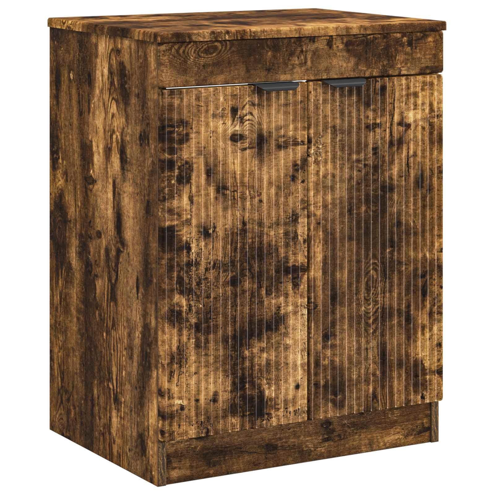 Mueble de baño de roble ahumado, 54 x 41 x 70 cm | Elegante mueble de lavabo para baño de invitados con orificio de placa flexible y mango negro.