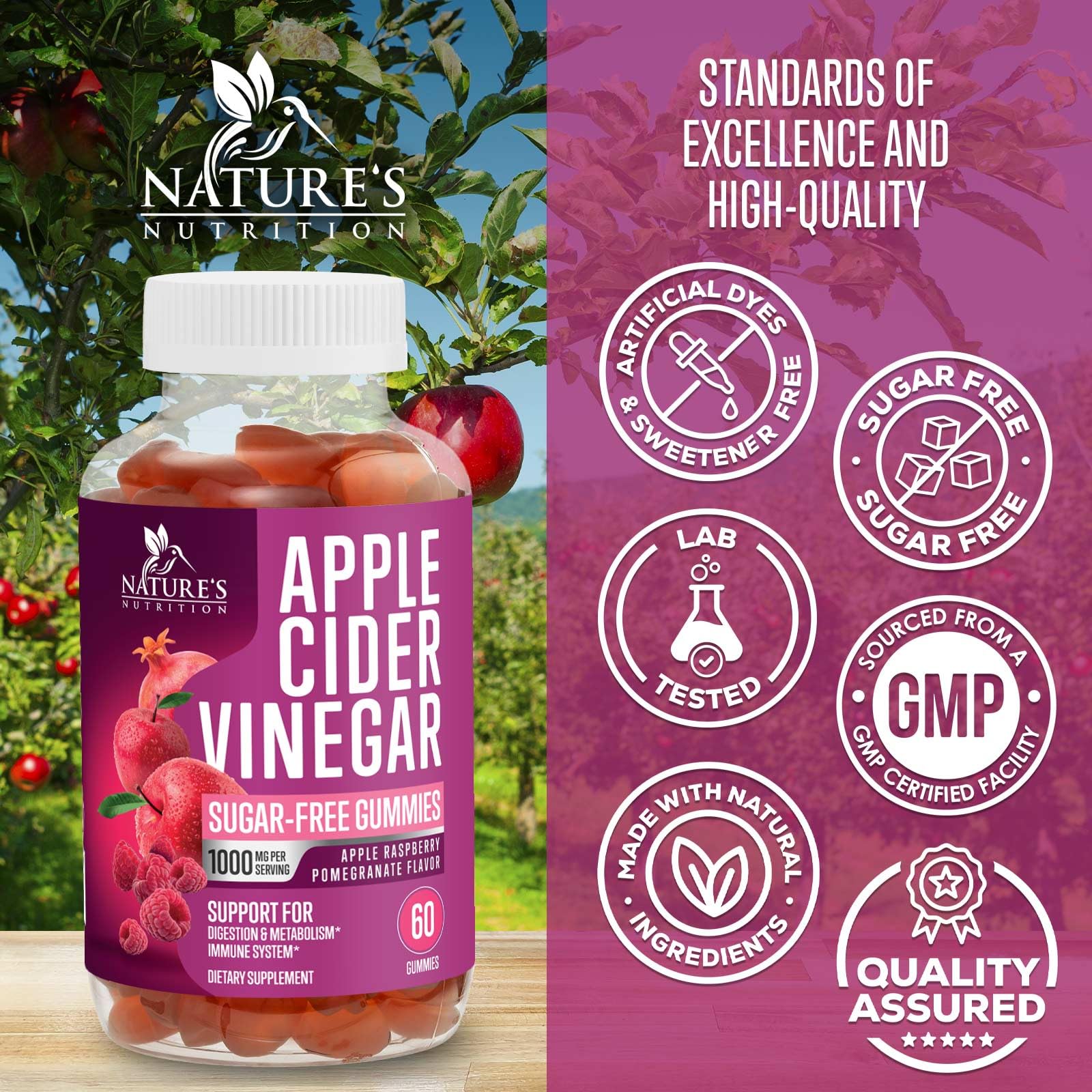 Apple Cider Vinegar Gummies 1000mg - Sugar Free Max Strength ACV Gummy Vitamins Supplement, Advanced Formula, Vitamin B12 Supports Metabolism & Energy - Keto Friendly, Vegan, Gluten Free - 60 Gummies — Amazon image 4