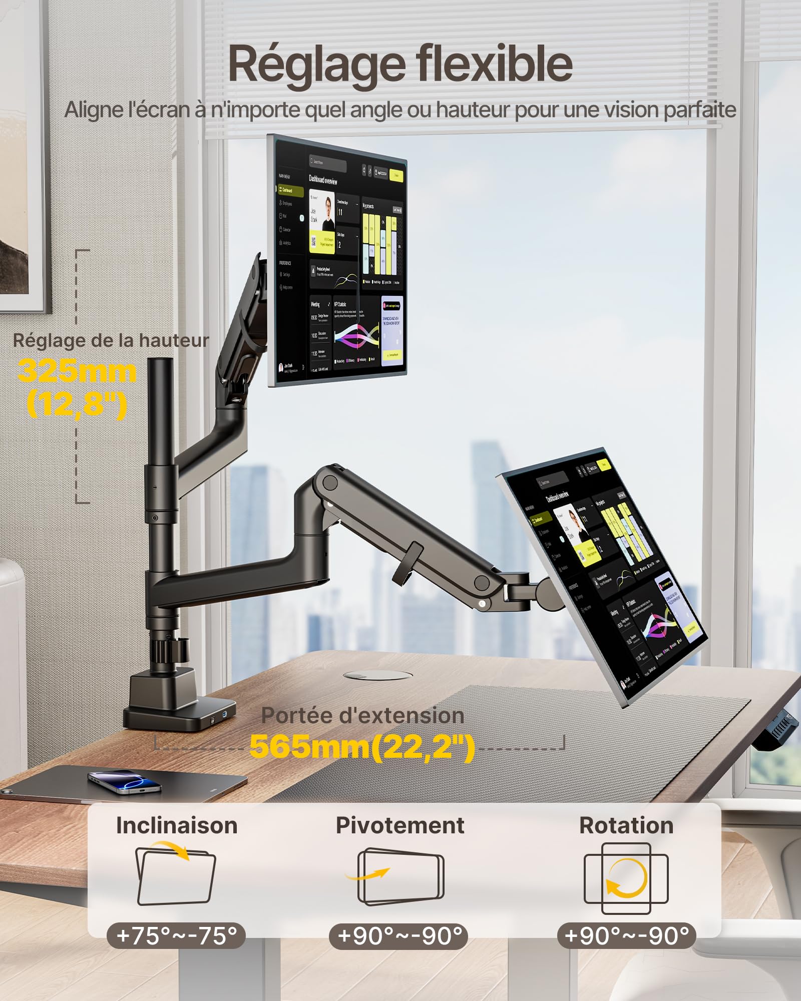 monTEK Bras Double Ecran PC17 à 57",VESA75/100,Charge Max 27Kg par Ecran