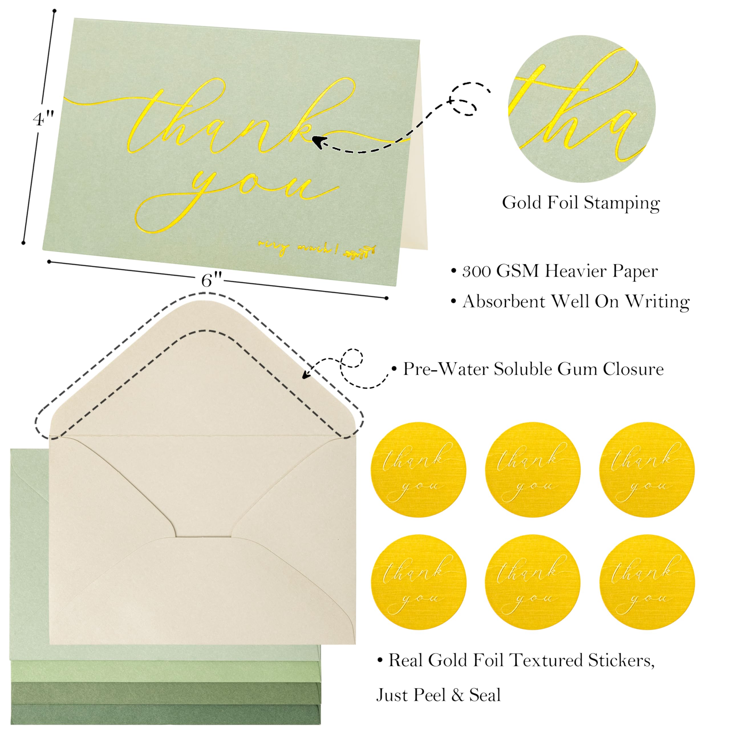 Crisky Lot de 50 cartes de remerciement vert sauge avec 50 enveloppes et 50 autocollants. Cartes de vœux simples, chics et élégantes. Parfaites pour : mariage, affaires, anniversaire, remise de