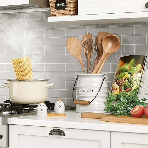 Miniatura 5 de Barnyard Designs Farmhouse - Juego de saleros y pimenteros con soporte, saleros y pimenteros de cerámica únicos, saleros y pimenteros vintage,