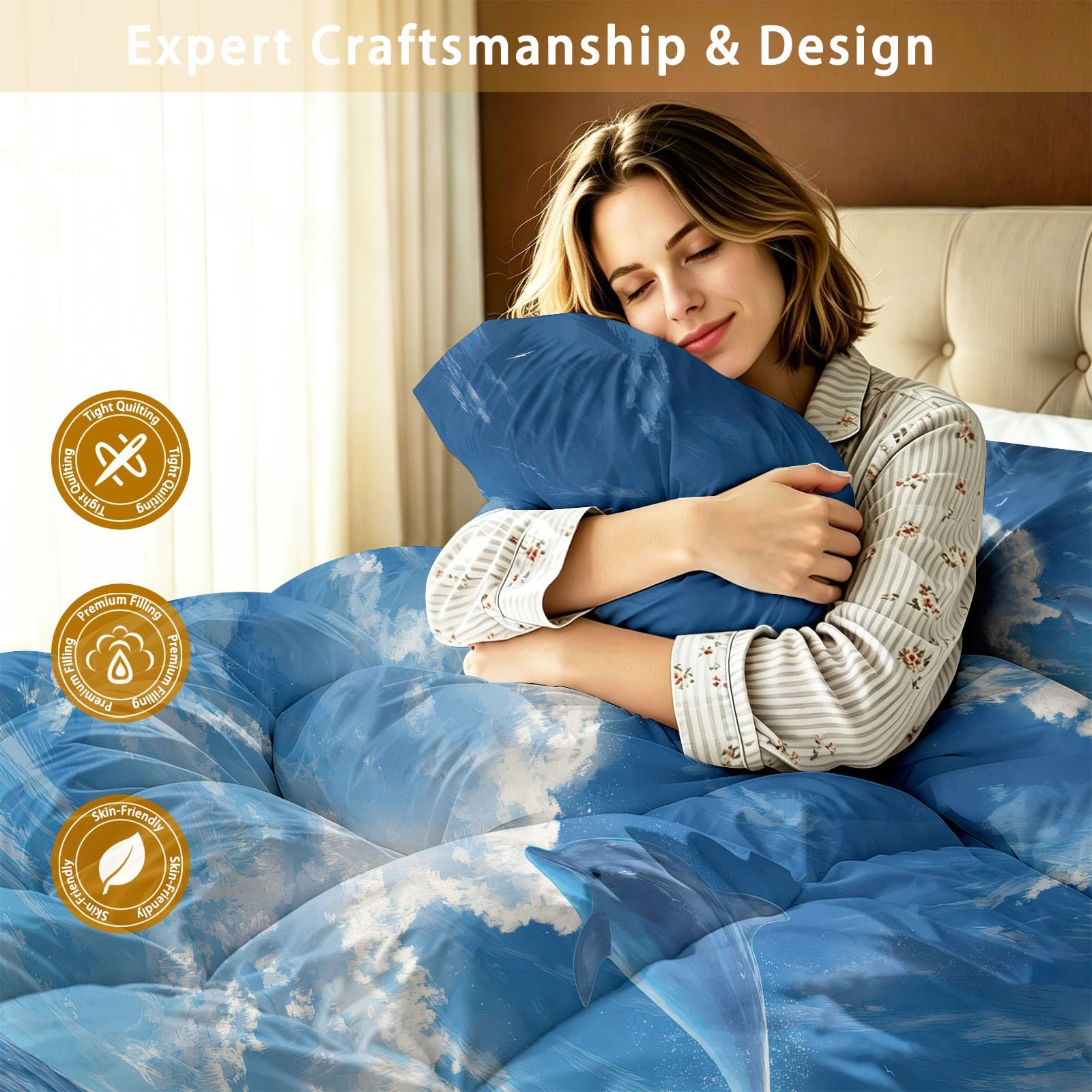 Bettdecke 200x220 cm Mikrofaser Steppdecke mit 2 Kissenbezügen Blau Delfin Motiv Atmungsaktiv Schlafdecke