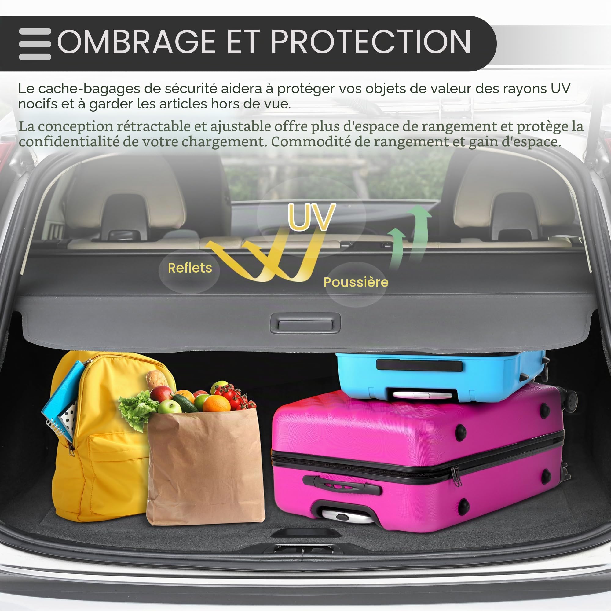 Motoforti Cache-Bagages Rétractable Pour Toyota Rav4 13-18 1pc | Couleur Fibre De Carbone Noire, Matériau Alliage D'Aluminium Et Toile, Pare-Soleil, Écran De Sécurité, Tige 138cm/111cm