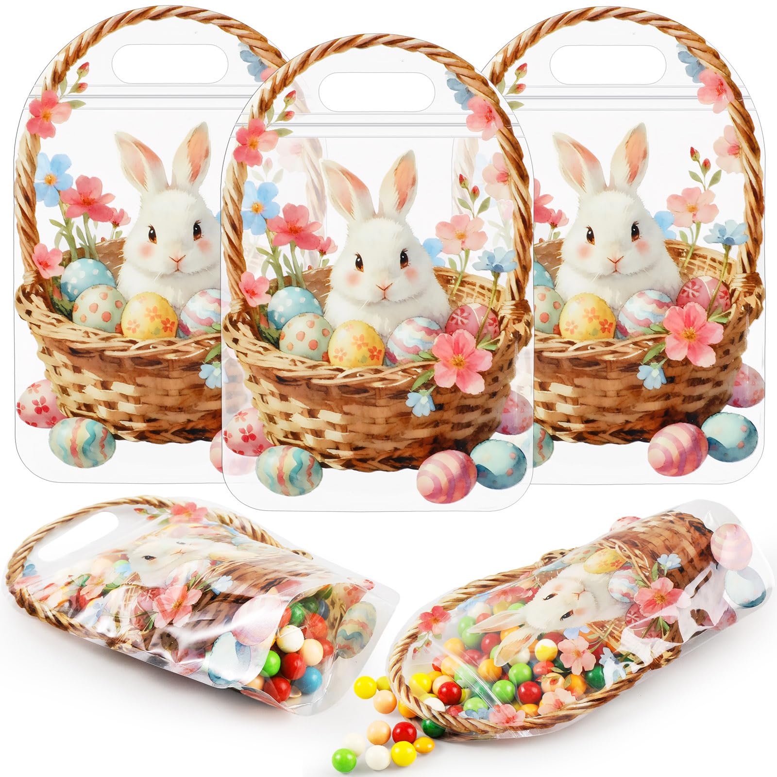 50 Pcs Easter Candy Gift Bags with Handle Plastic Resealable Easter Sealing Pouches Treat Bunny Chicks Goodie Bags for Egg Hunt Holiday Party Small Gift Wrapping Supplies (White Rabbit)