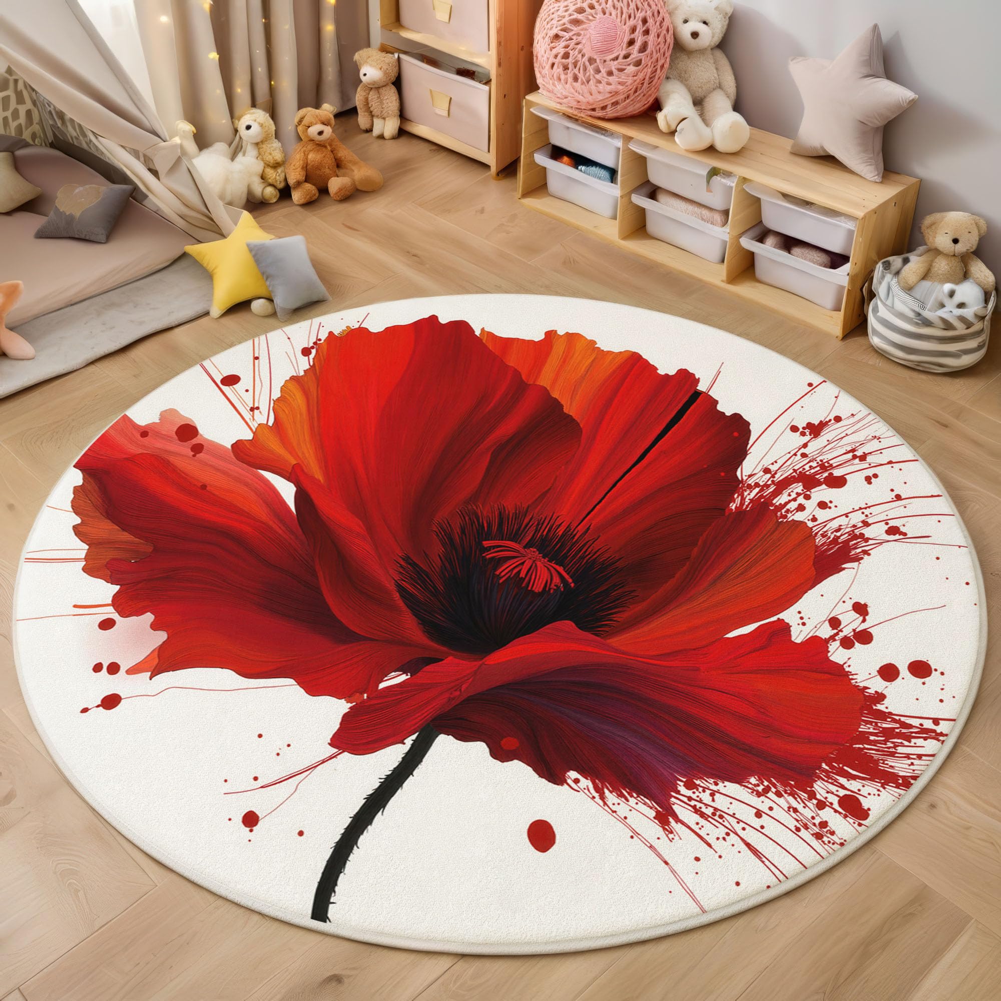 Tapis rond artistique à poils courts rouge, grand tapis imprimé de pavots lavable et antidérapant
