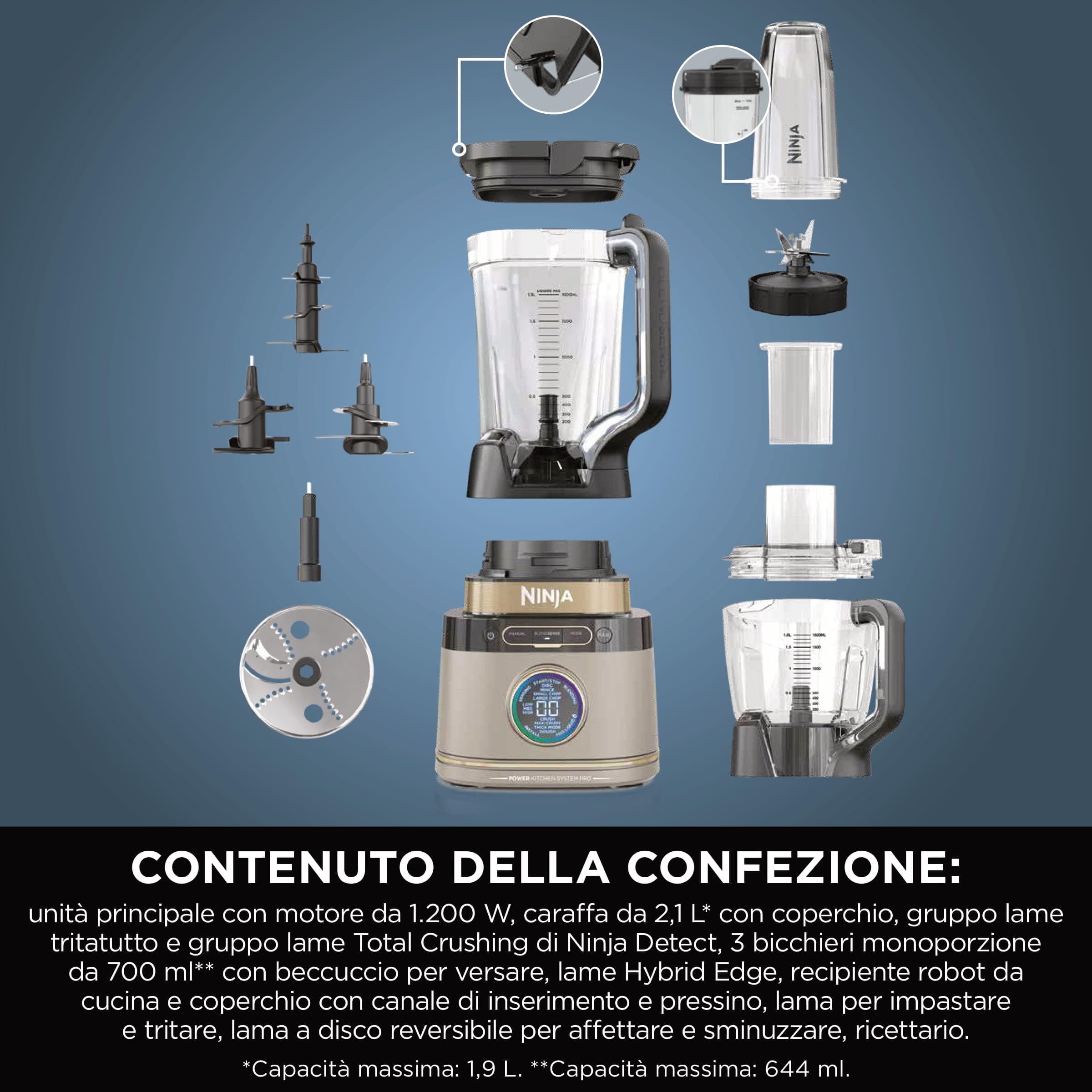 Ninja Frullatore Detect Power Processor Pro 3 in 1 1200W, Robot da Cucina, 3 Bicchieri Monoporzione, Caraffa da 2.1L, Lame per Impastare, Frullare, Tritare e Miscelare, Pietra oro, TB401EUSTGD