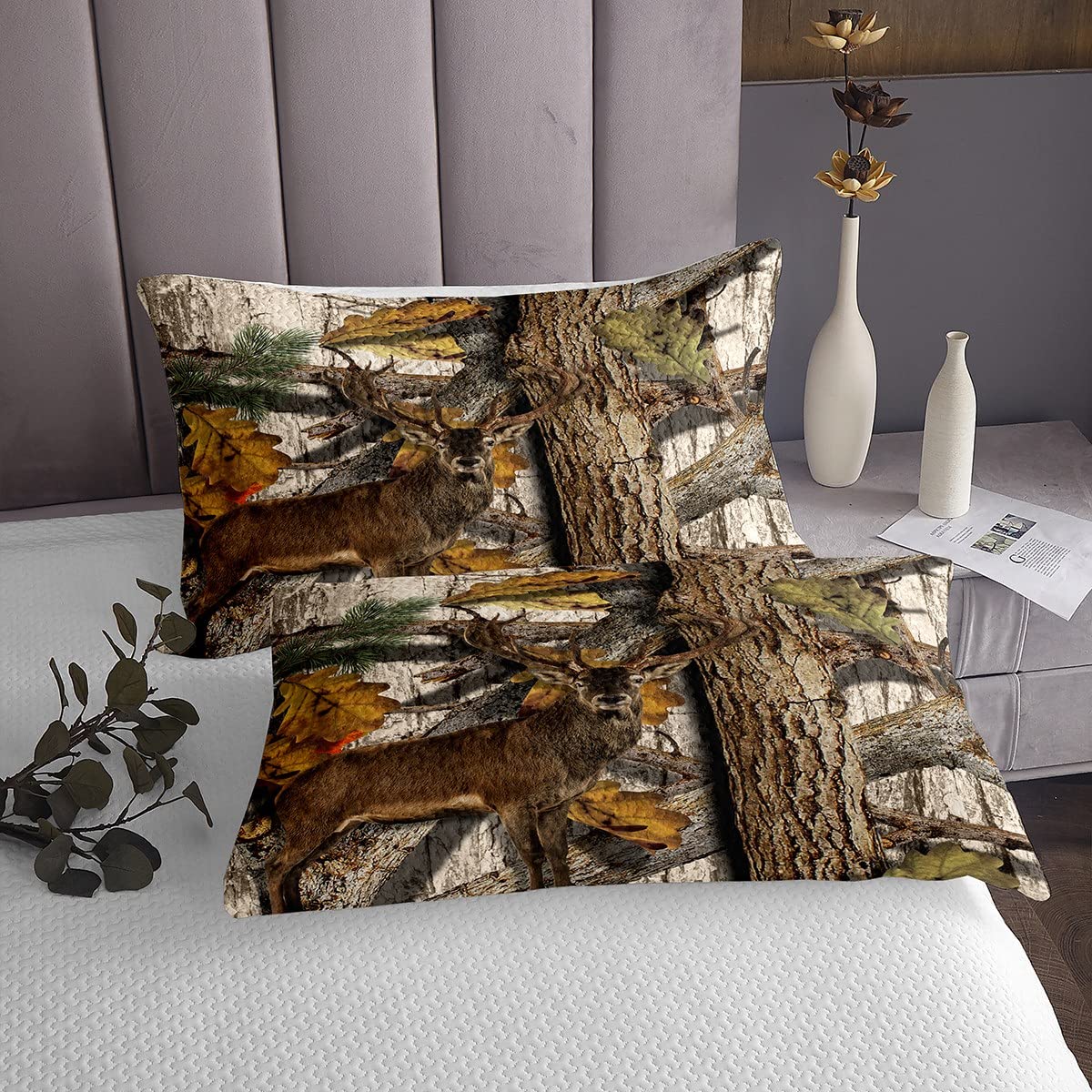 Homemissing Set di copriletto trapuntato con cervo mimetico, per bambini, ragazzi, ragazze, rustico, cervo alce in legno, motivo animali selvatici, trapuntato, matrimoniale
