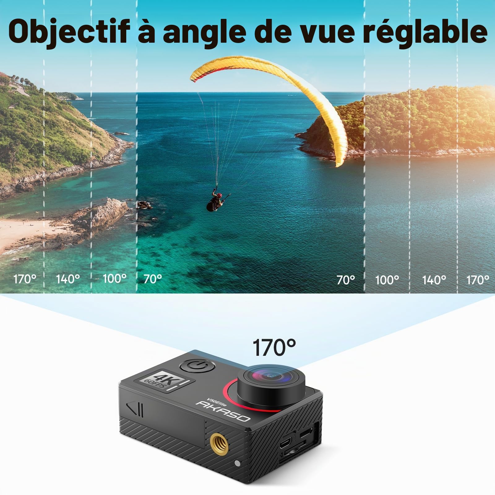 AKASO V50 Elite Caméra Sport 4K 60fps 20MP WiFi Etanche EIS 8X Zoom 2 Batteries