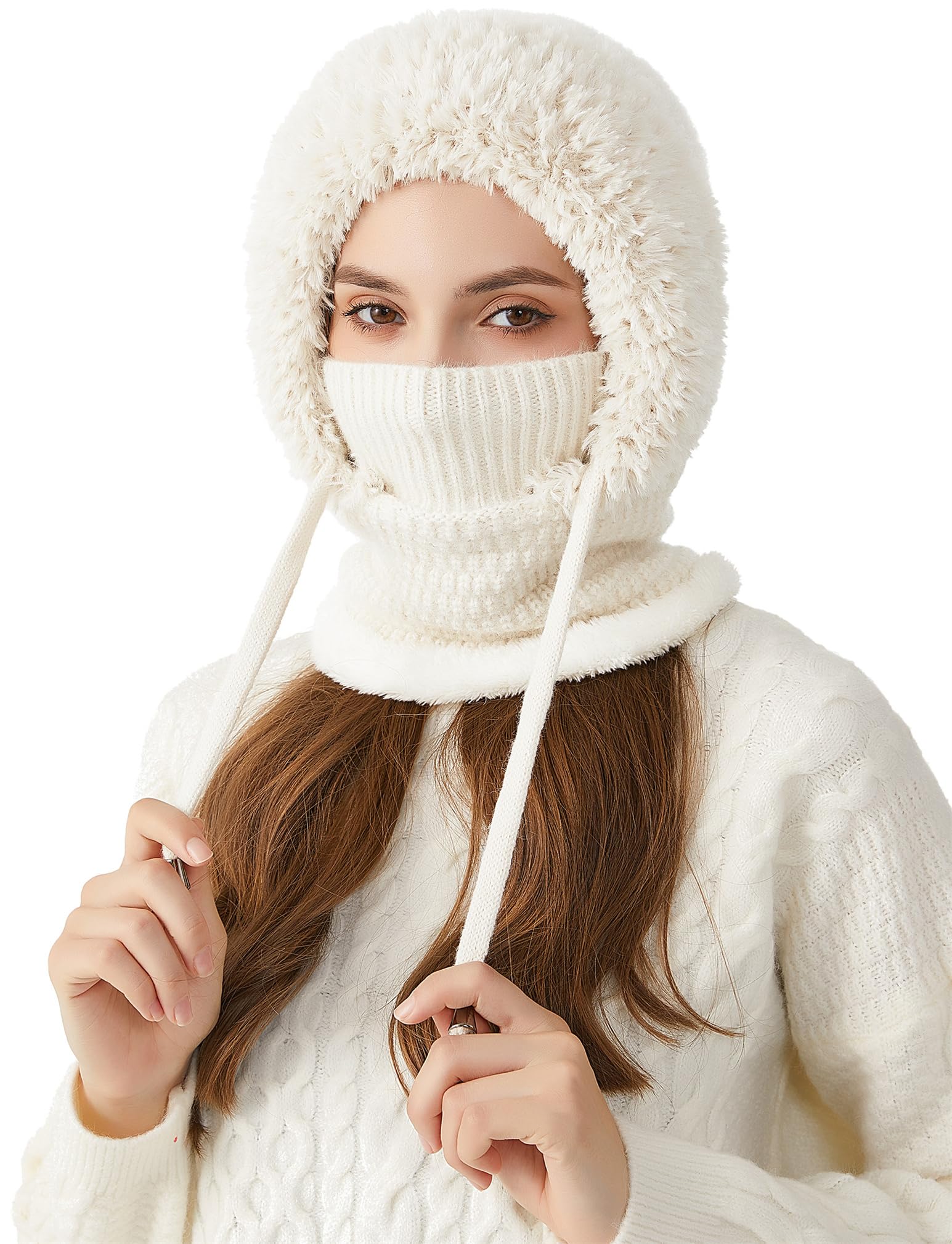 FEOYA Passamontagna termico lavorato a maglia in pile maschera da sci morbido e caldo cappello invernale con copertura per collo e viso antivento scaldacollo 3 in 1 cappello con cappuccio completo per