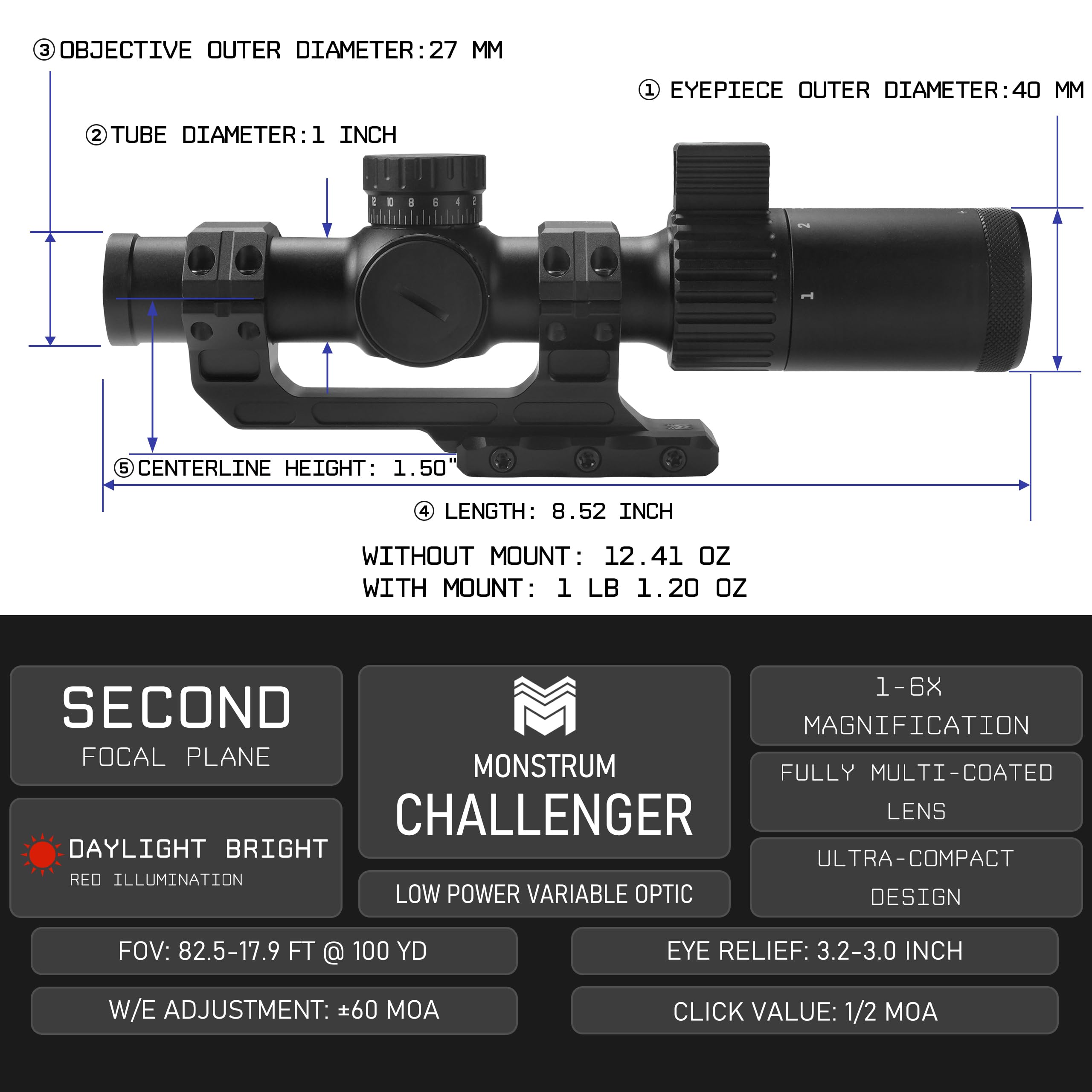 Amazon.com : Monstrum Challenger Micro 1-6x LPVO Scope | with HD