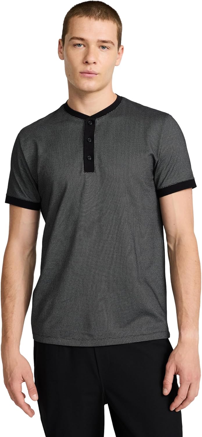 EXPRESS Men’s Everyday Performance Henley – Short Sleeve Mini-Geo Textured Knit with Moisture-Wicking Stretch Fabric