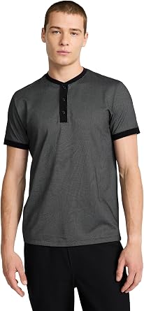 EXPRESS Mens Everyday Performance Henley Short Sleeve Mini-Geo Textured Knit with Moisture-Wicking Stretch Fabric Pitch Black*